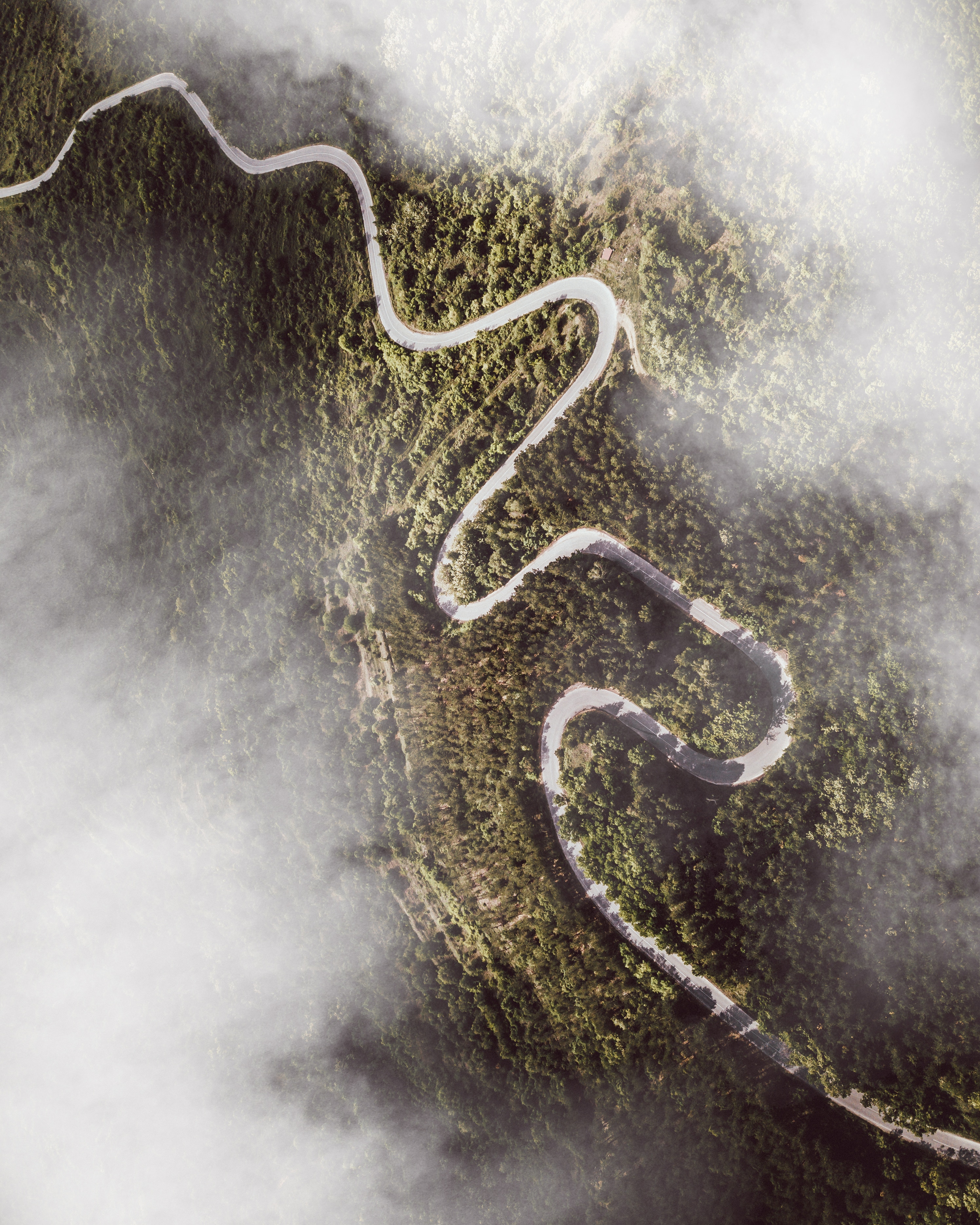 Free download wallpaper Mountains, Clouds, View From Above, Road, Winding, Sinuous, Forest, Nature on your PC desktop