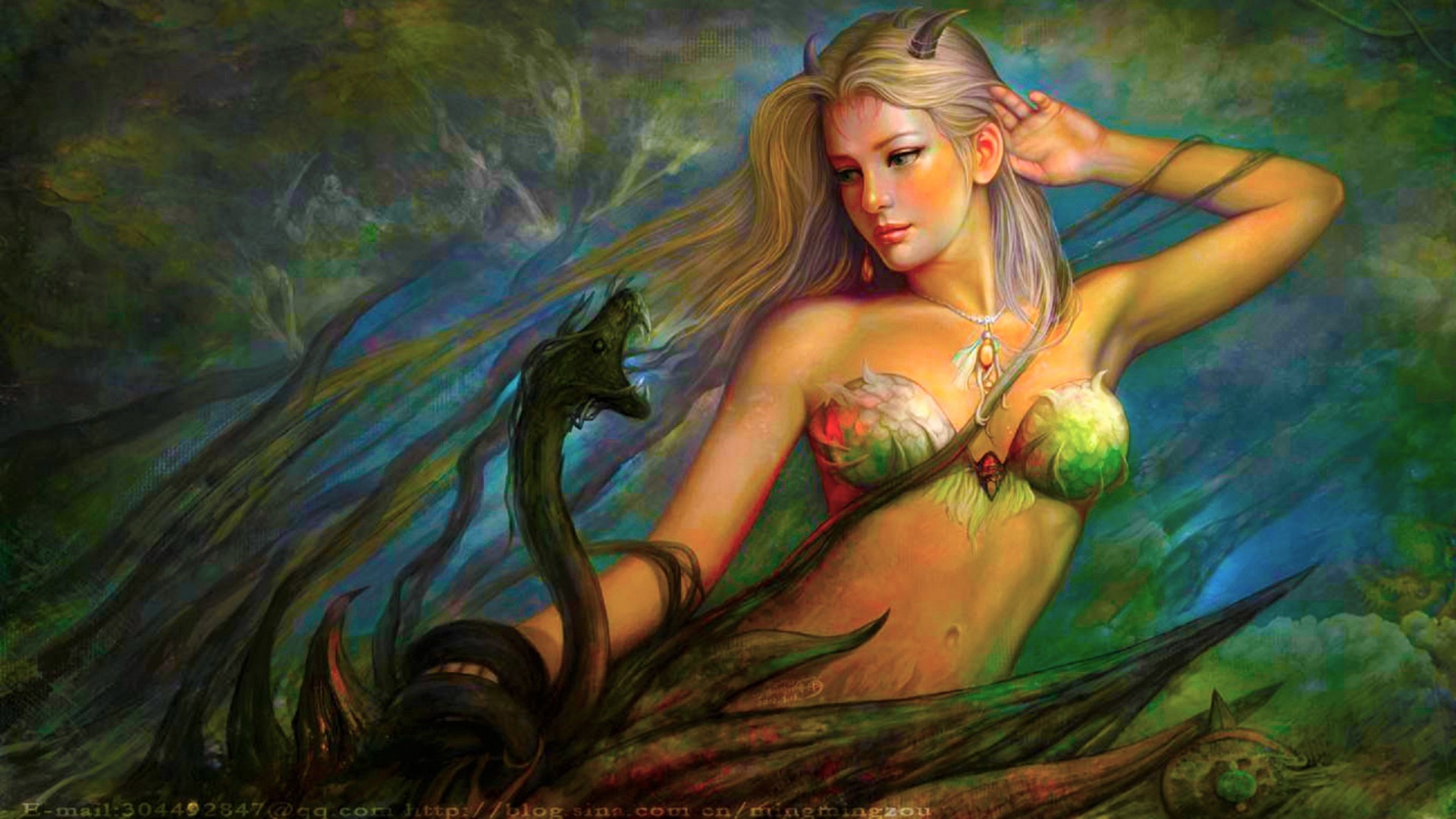 Free download wallpaper Fantasy, Snake, Horns, Demon, Women on your PC desktop