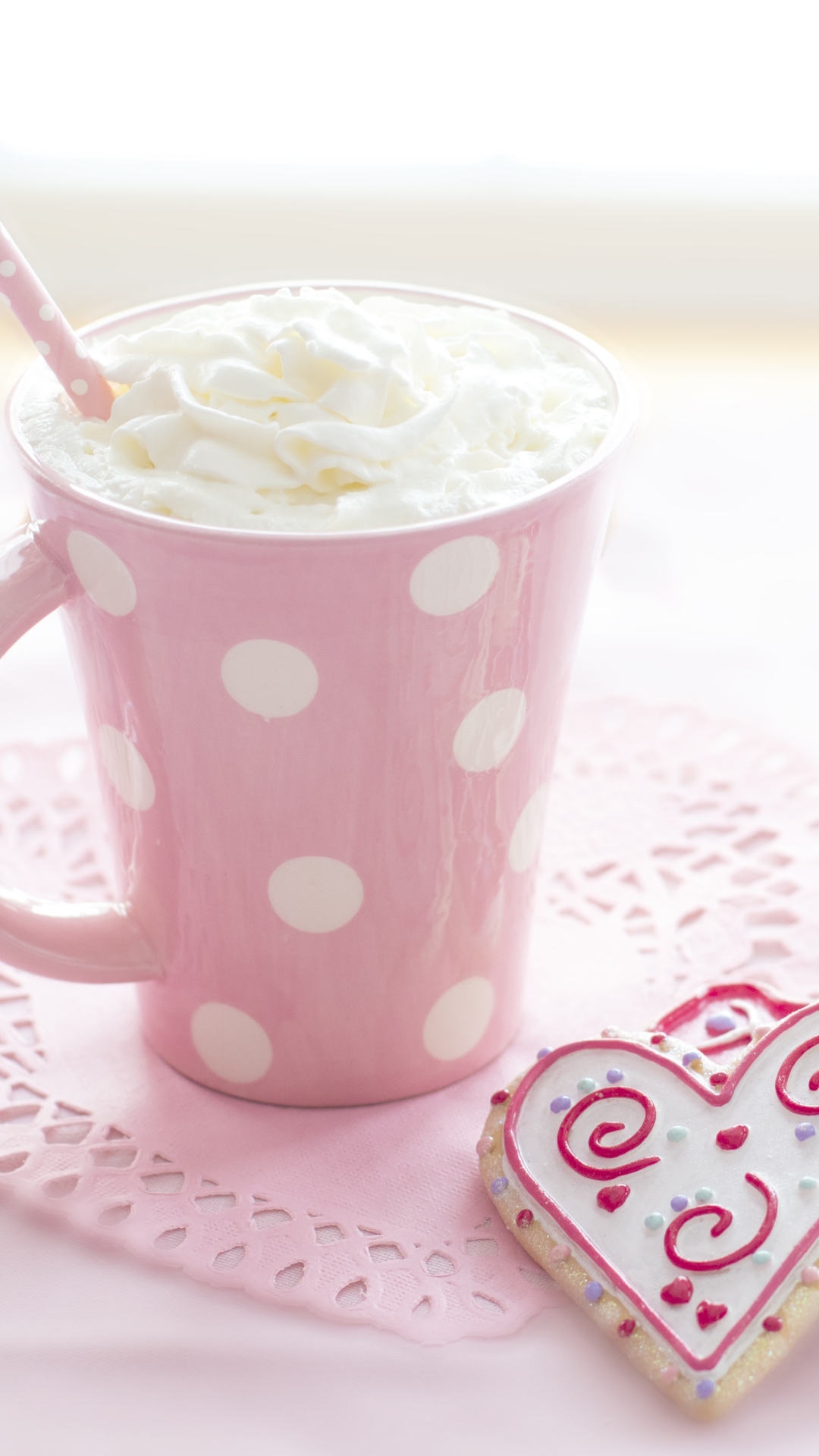 Download mobile wallpaper Food, Pink, Cream, Drink, Cookie, Hot Chocolate, Heart Shaped for free.