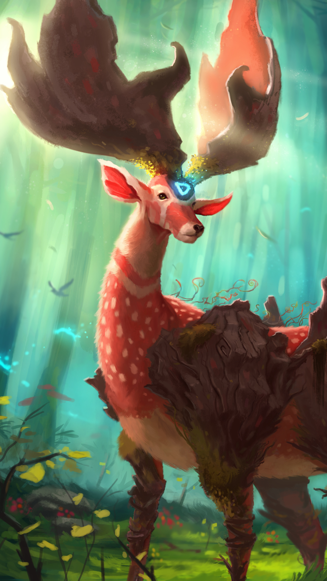 Download mobile wallpaper Fantasy, Forest, Creature, Horns, Sunbeam, Sunbean for free.