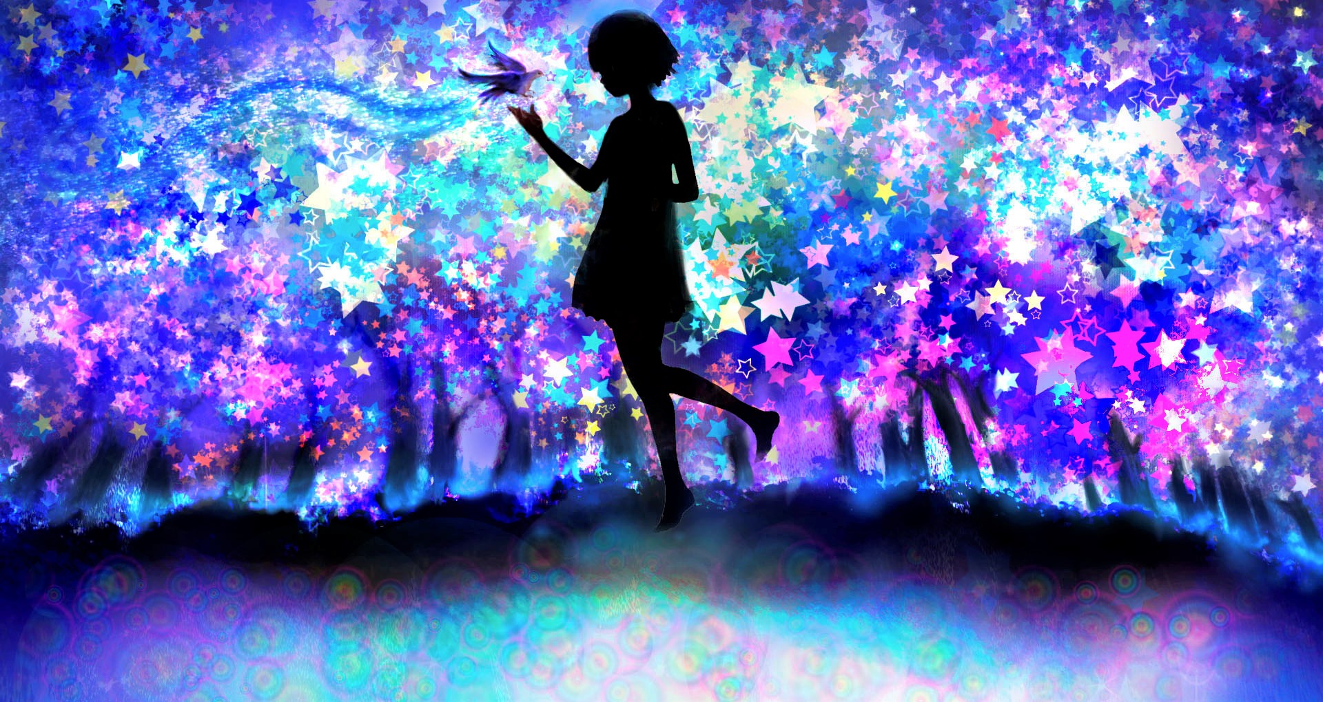 Free download wallpaper Anime, Silhouette, Bird, Colors, Colorful, Star, Original on your PC desktop