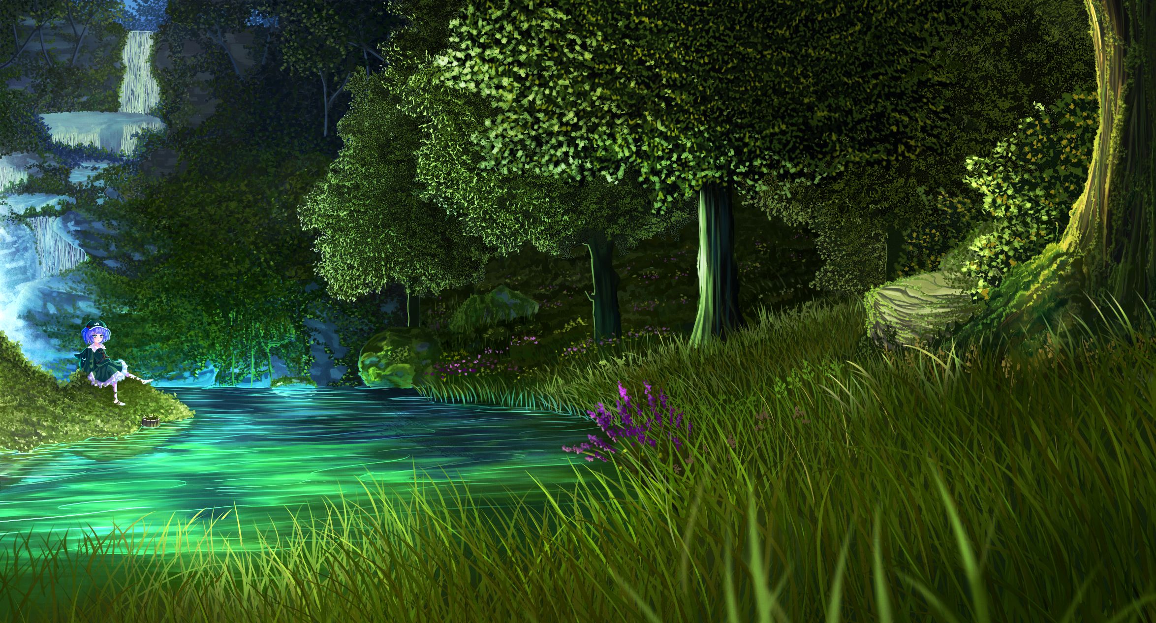 Download mobile wallpaper Landscape, Water, Fantasy, Night, Flower, Light, Tree, River for free.