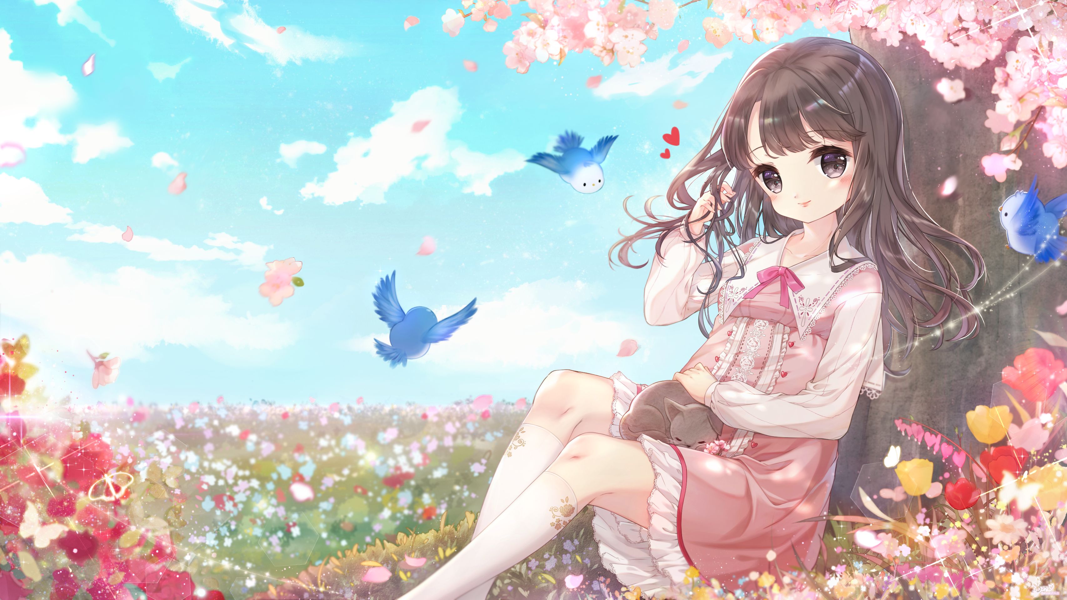 Free download wallpaper Anime, Flower, Cat, Cherry Blossom, Original, Brown Eyes, Long Hair, Brown Hair, Bow (Clothing) on your PC desktop