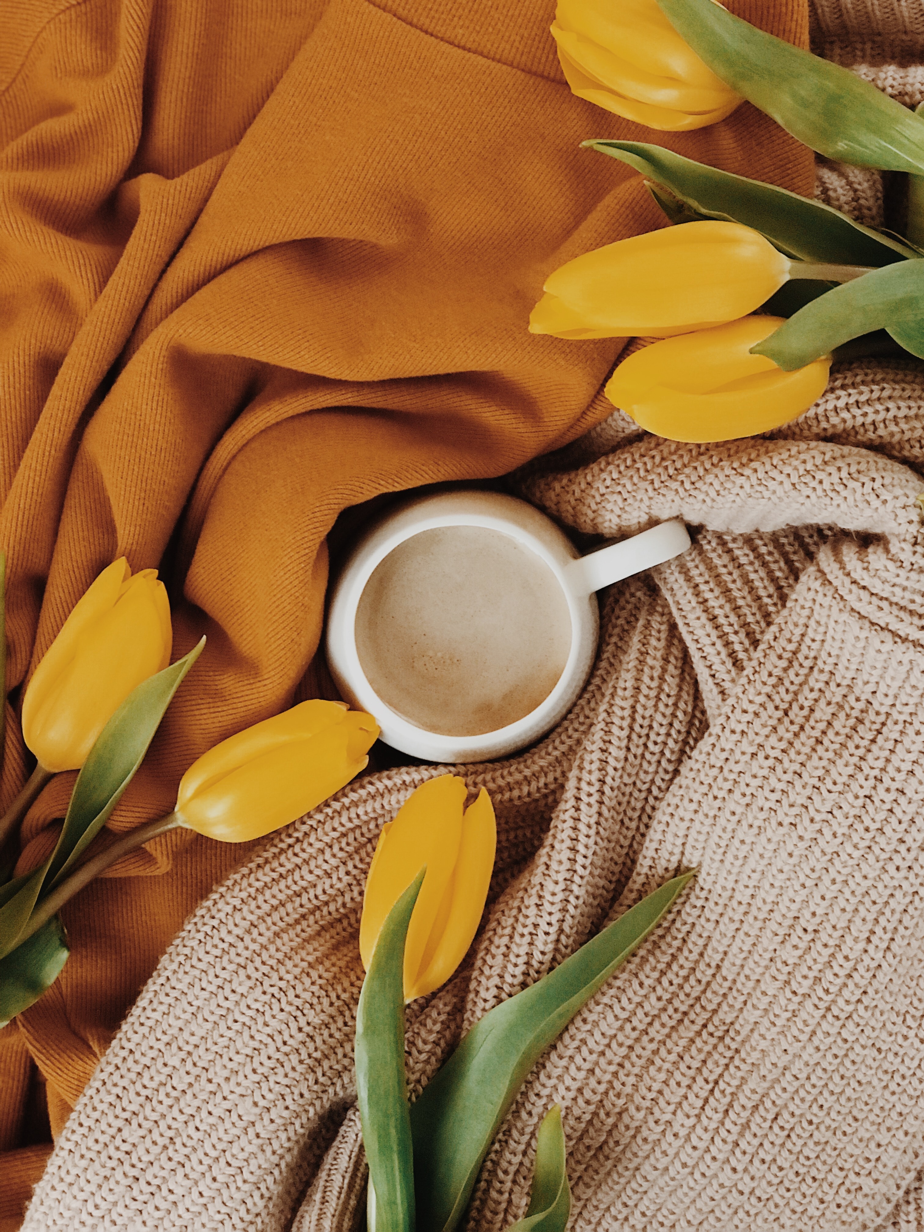 tulips, beverage, flowers, yellow, cup, drink Phone Background
