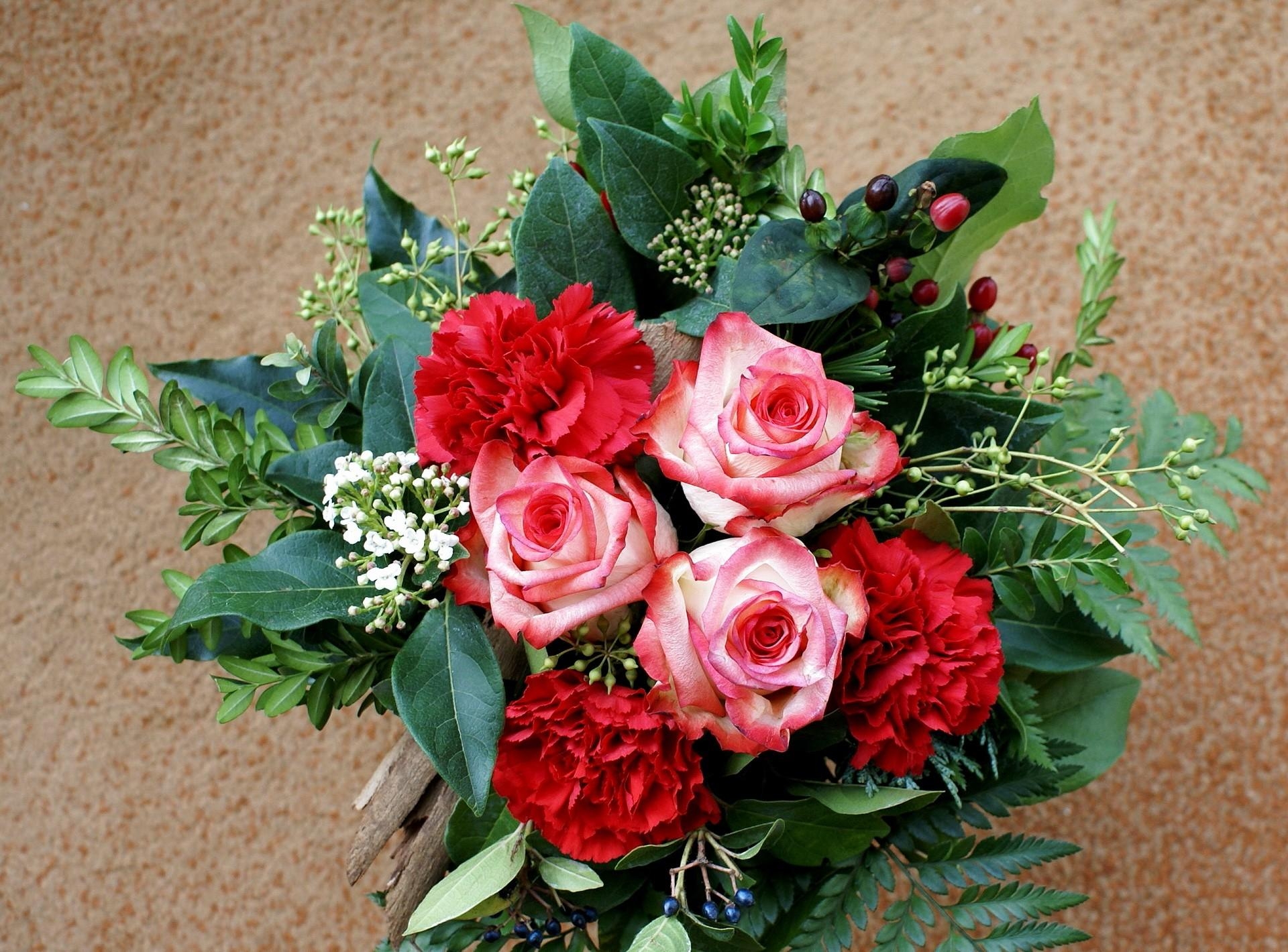 bouquet, flowers, roses, leaves, carnations, greens, composition