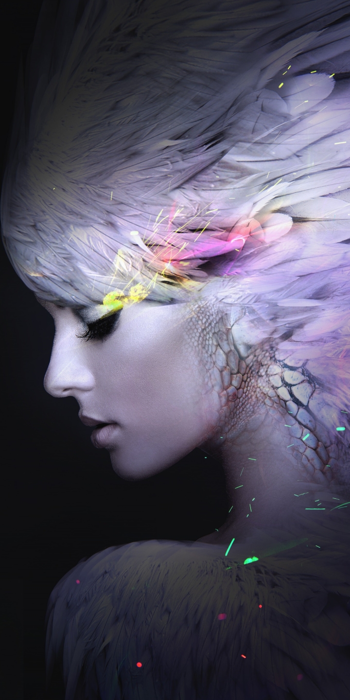Download mobile wallpaper Feather, Artistic, Women, Makeup for free.