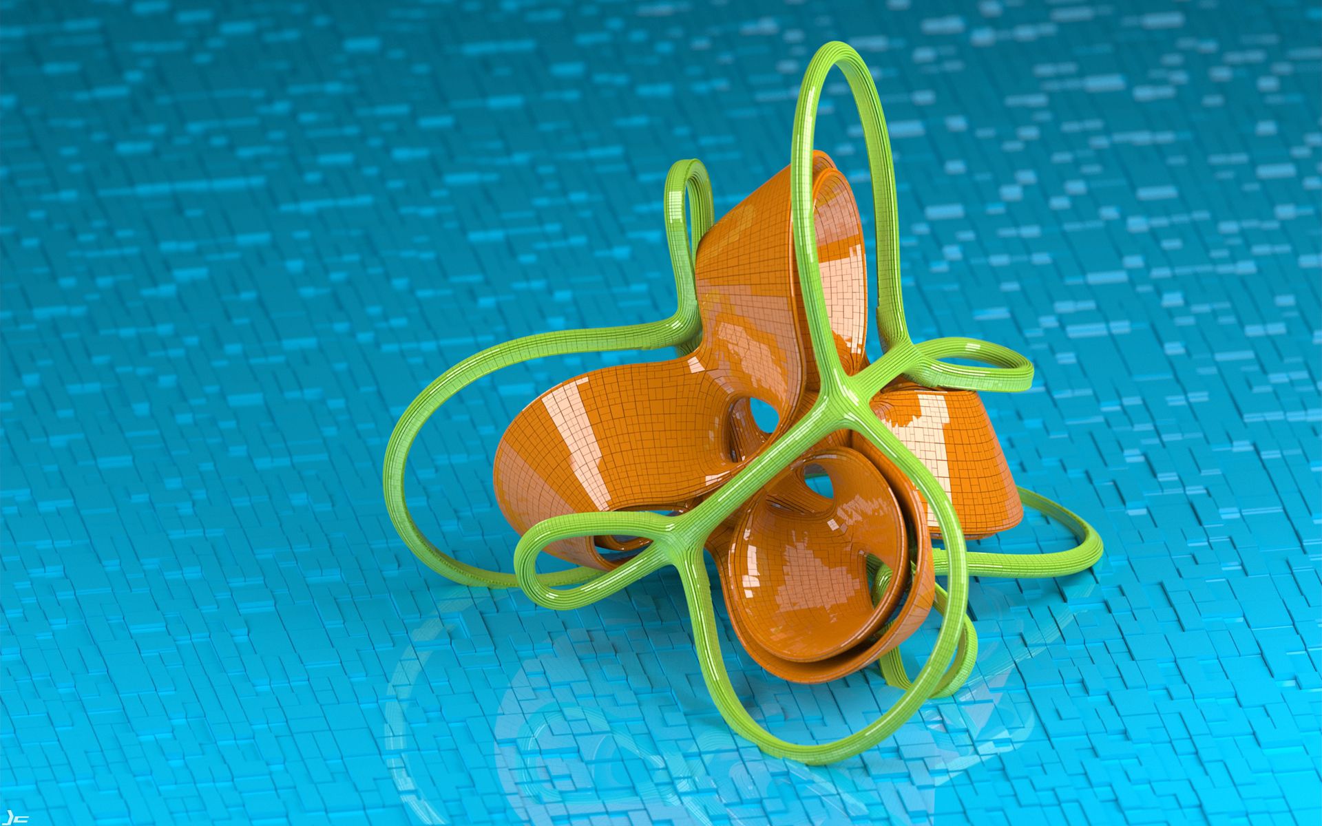 Скачать обои бесплатно Спираль, Зеленый, Оранжевый, Фигура, Форма, Цветок, 3D картинка на рабочий стол ПК
