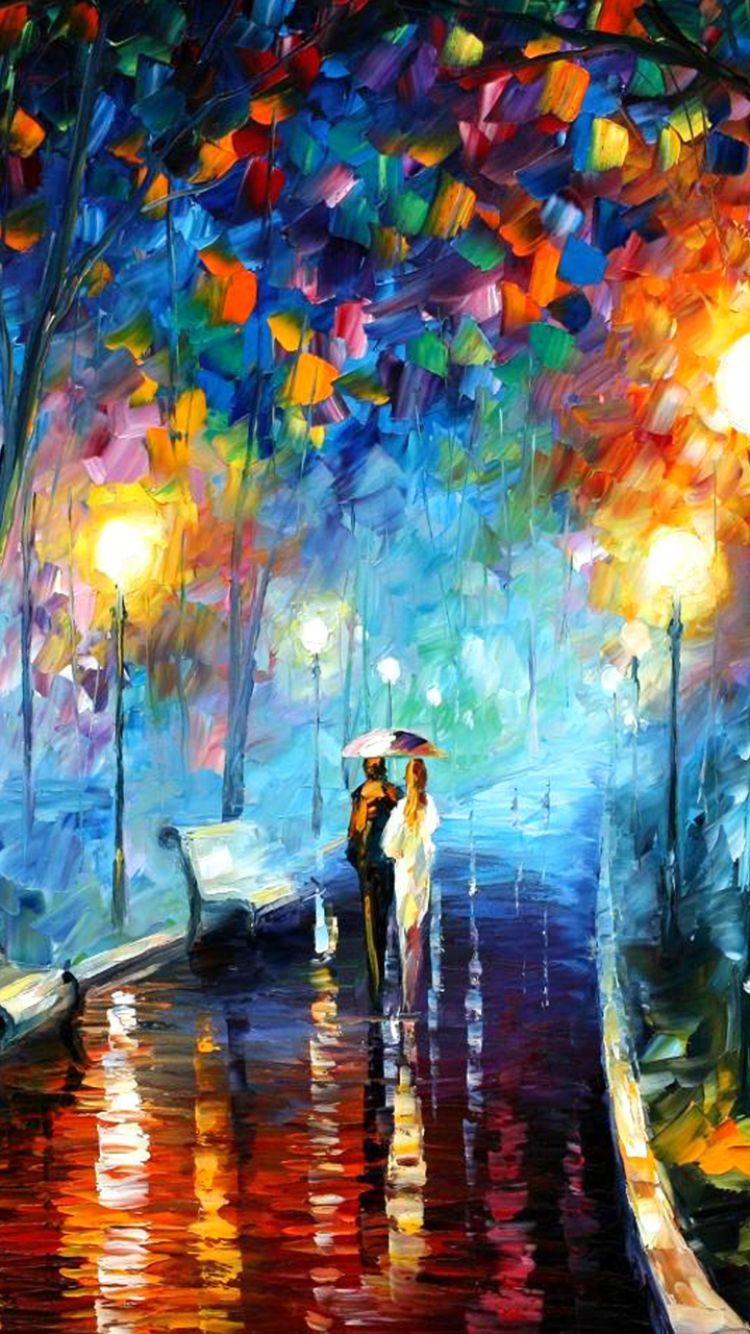 Download mobile wallpaper Rain, Light, Park, Couple, Colorful, Painting, Artistic for free.
