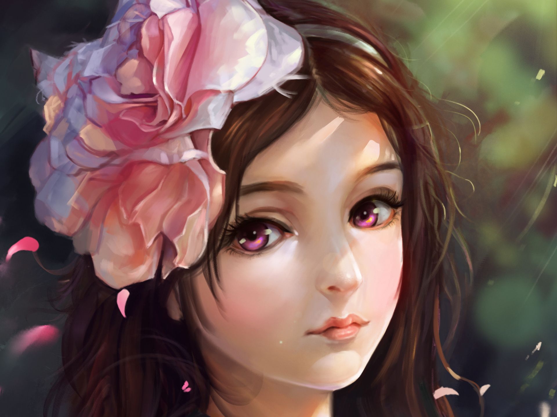 Download mobile wallpaper Fantasy, Flower, Face, Women, Purple Eyes for free.