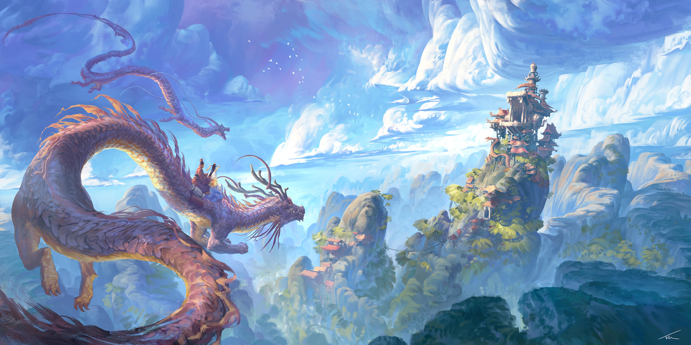Free download wallpaper Fantasy, Sky, Mountain, Dragon, Temple, Cloud on your PC desktop