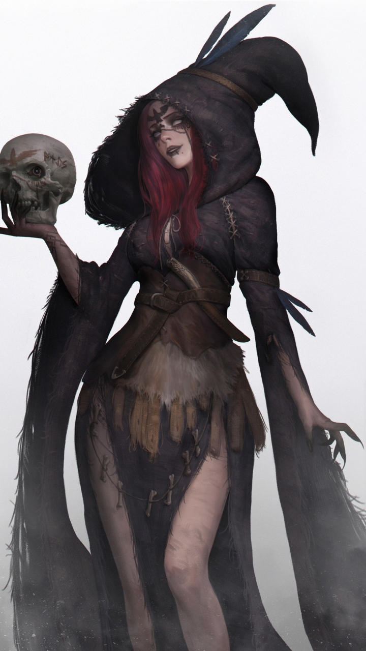 Download mobile wallpaper Fantasy, Hood, Skull, Witch for free.