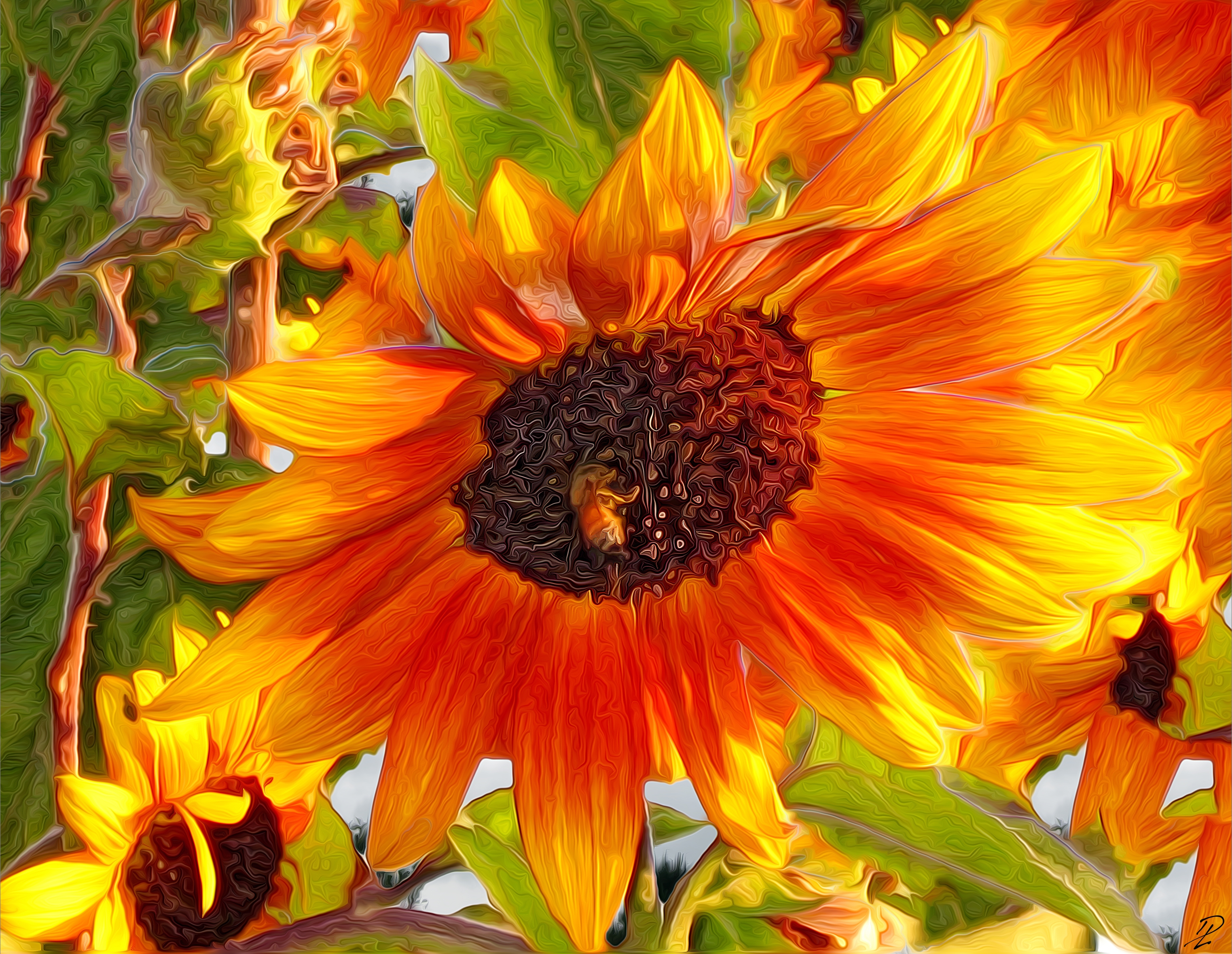 Laden Sie das Blume, Biene, Malerei, Sonnenblume, Gelbe Blume, Ölgemälde, Künstlerisch-Bild kostenlos auf Ihren PC-Desktop herunter