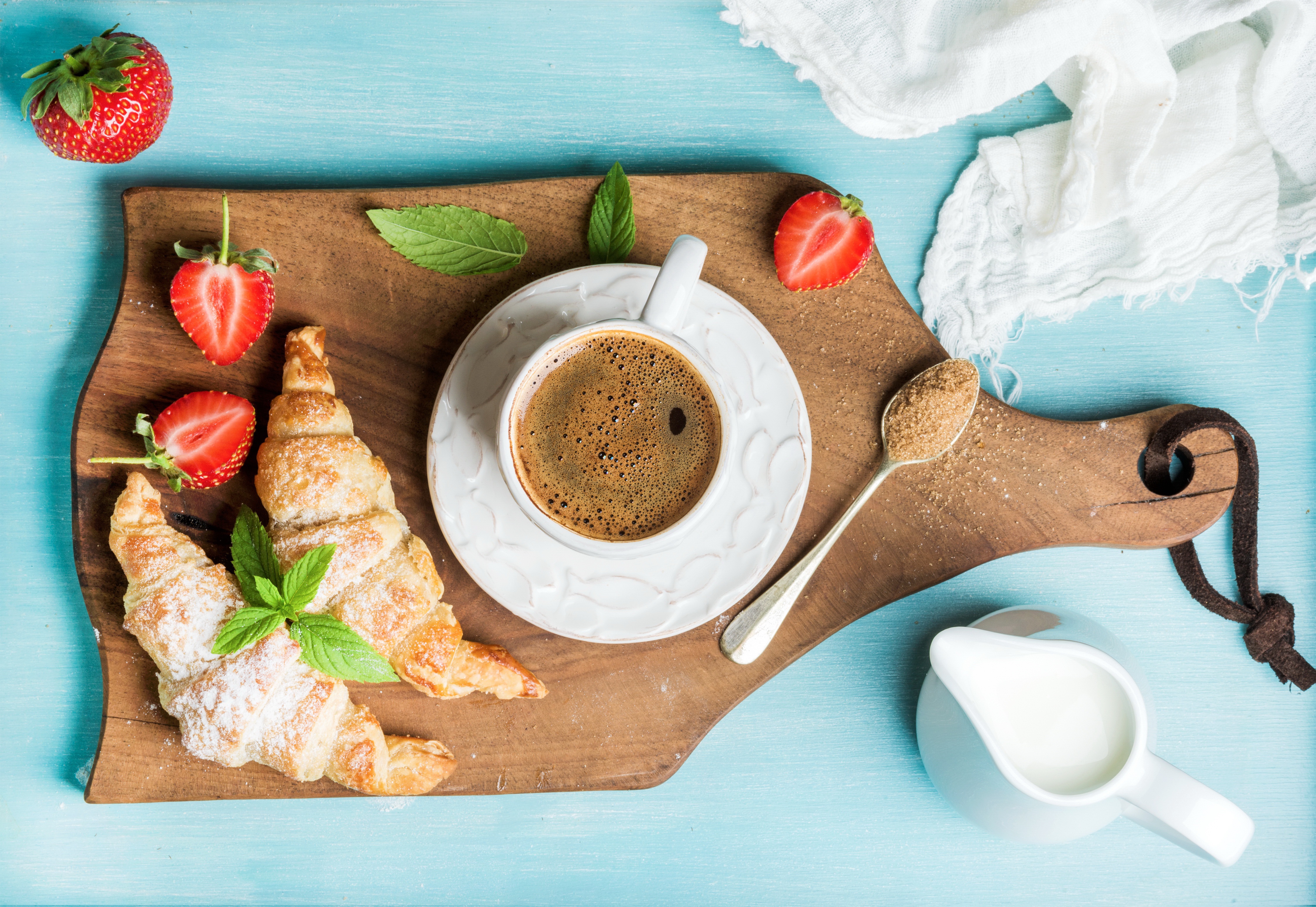 Free download wallpaper Food, Strawberry, Coffee, Still Life, Cup, Breakfast, Croissant on your PC desktop