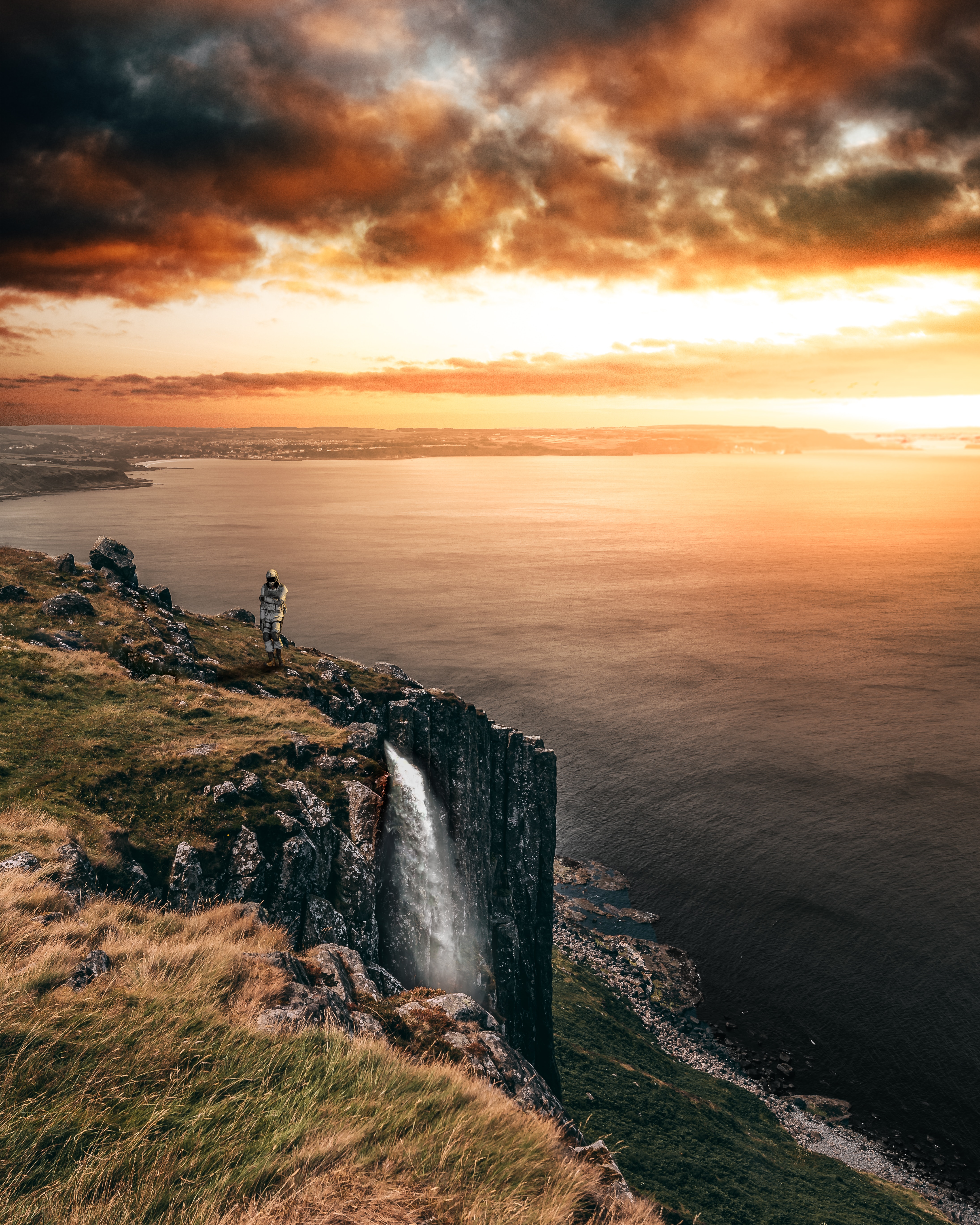Free download wallpaper Nature, Sunset, Sea, Cliff, Waterfall, Landscape on your PC desktop