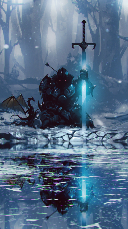 Download mobile wallpaper Fantasy, Reflection, Dragon, Warrior, Frozen, Knight, Sword for free.
