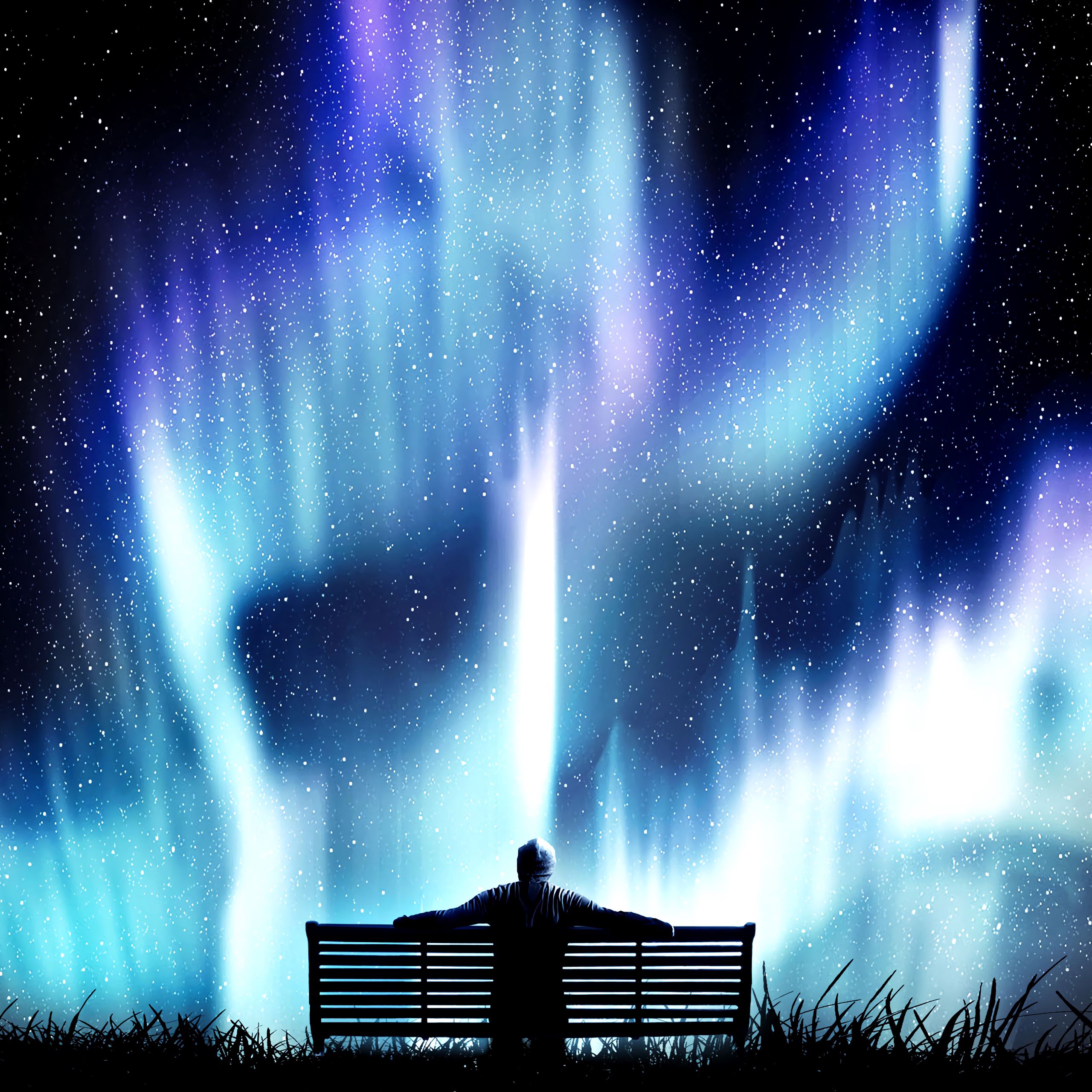 loneliness, northern lights, aurora borealis, nature, starry sky, photoshop, bench