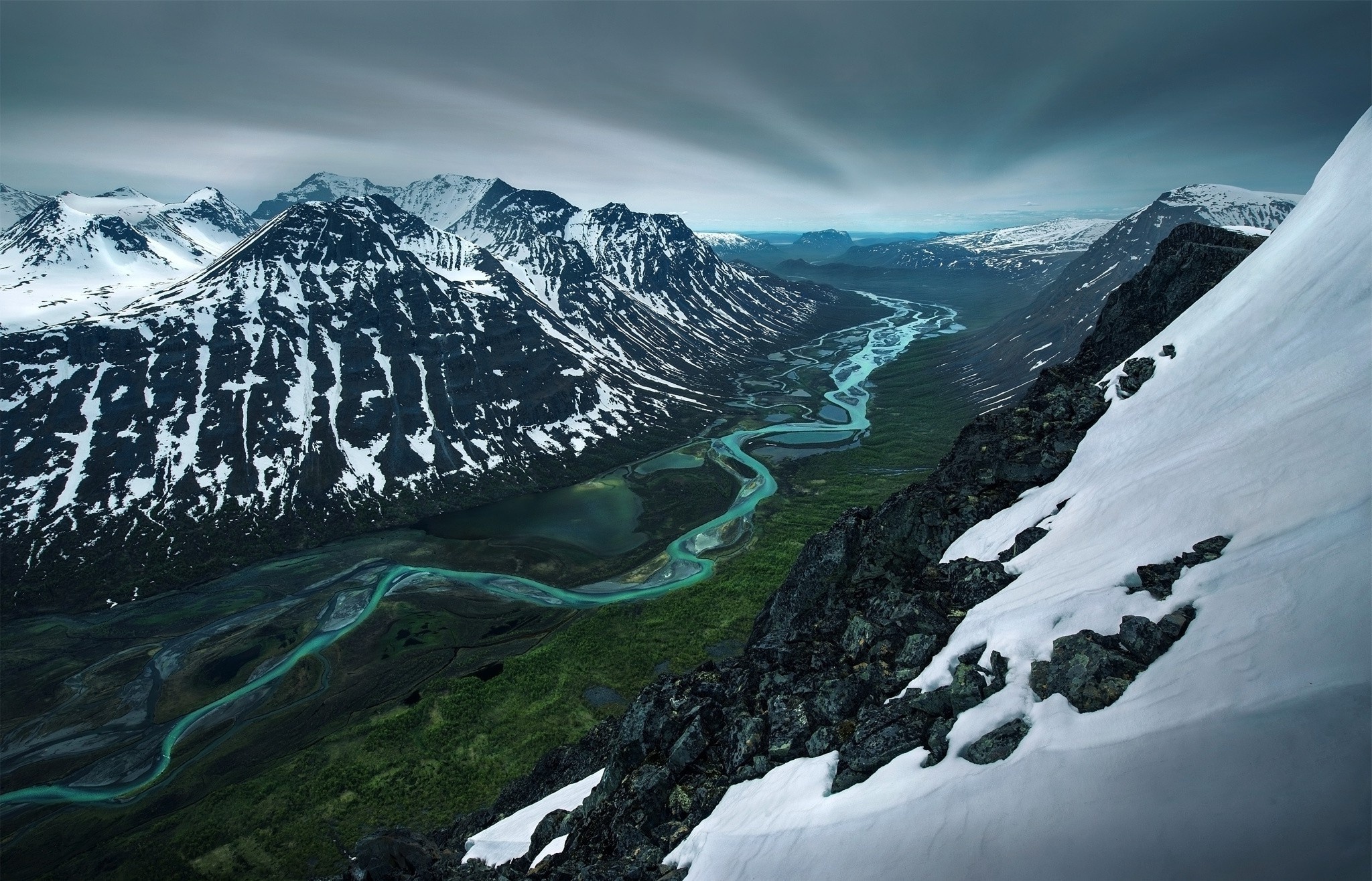 Free download wallpaper Landscape, Snow, Mountain, Earth, Valley, Sweden, River on your PC desktop