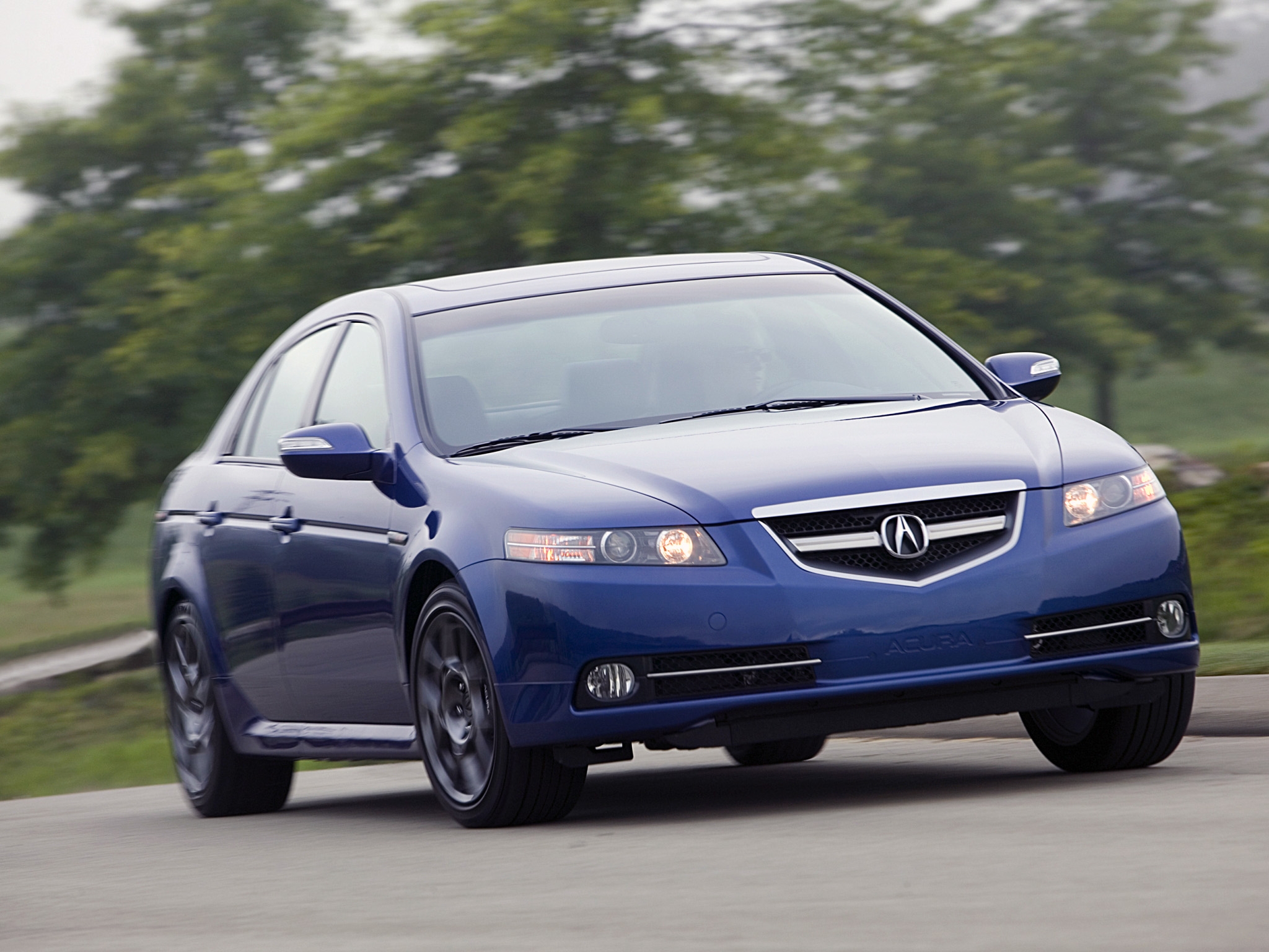 auto, trees, grass, acura, cars, blue, asphalt, front view, speed, style, akura, tl, 2007