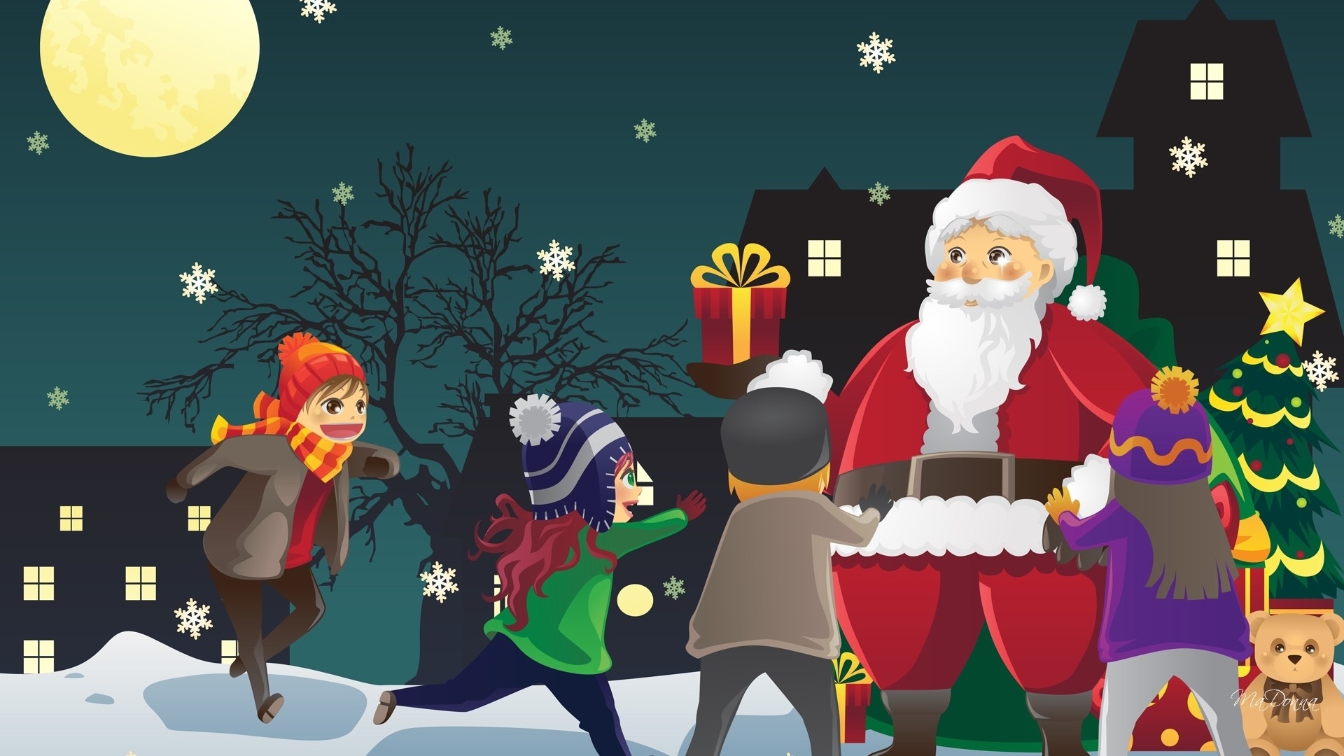 Download mobile wallpaper Santa Claus, Night, Moon, Snow, Tree, Christmas, Holiday, Child for free.