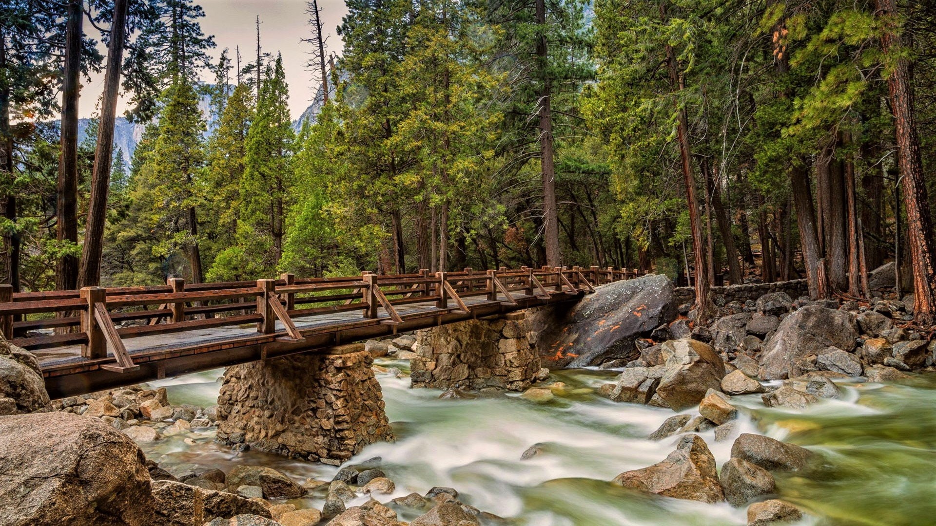 Download mobile wallpaper Forest, Bridge, Stone, River, Man Made for free.