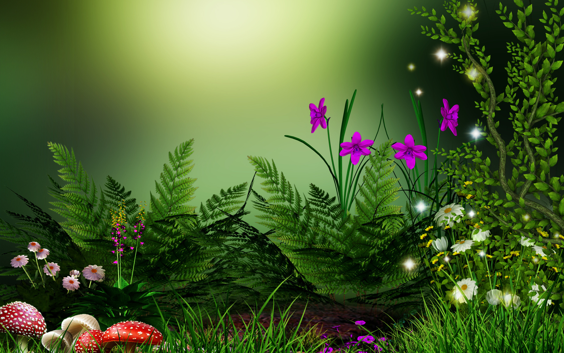 Download mobile wallpaper Grass, Flower, Fern, Mushroom, Spring, Artistic for free.