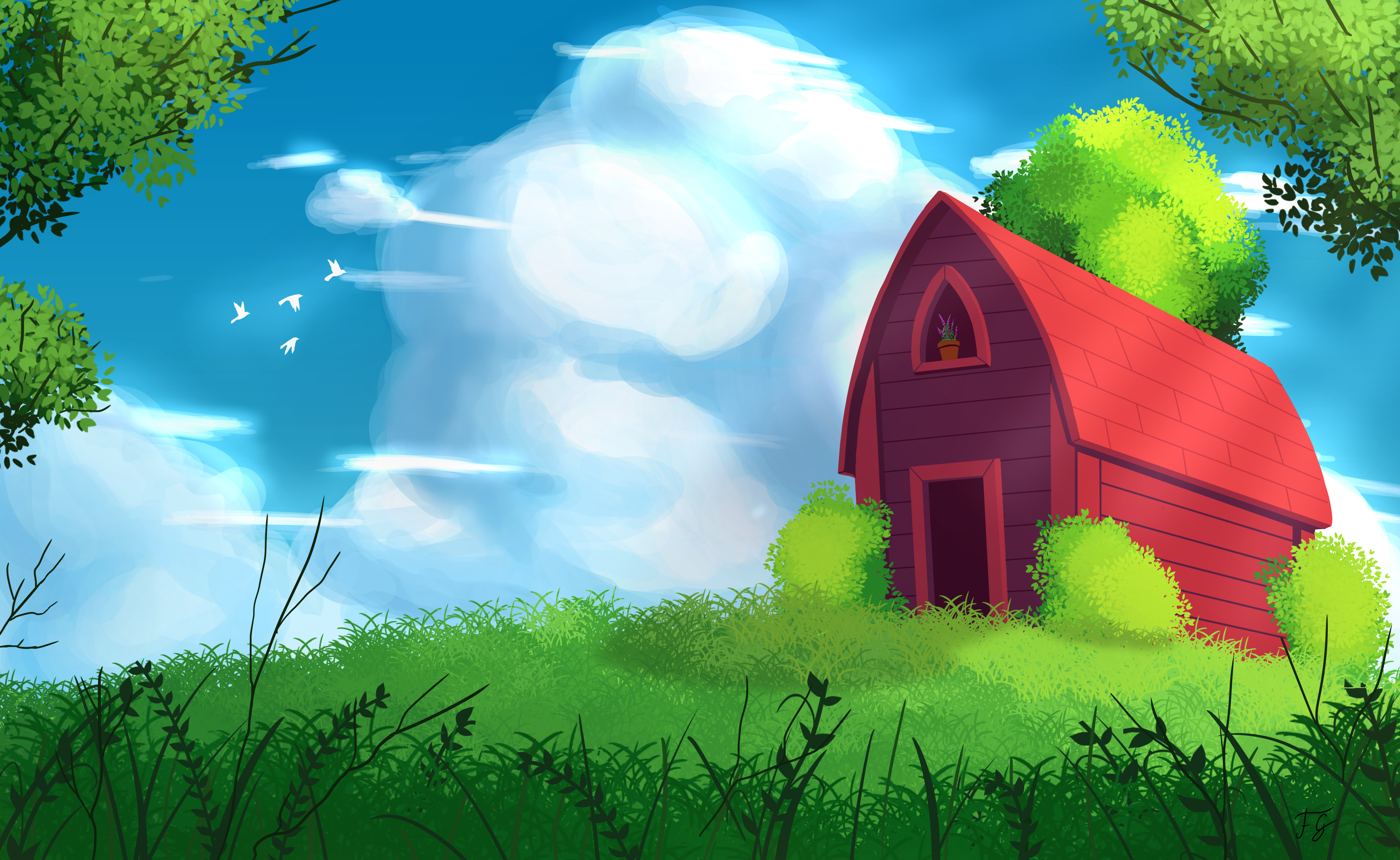 Download mobile wallpaper Grass, Clouds, Trees, House, Art for free.