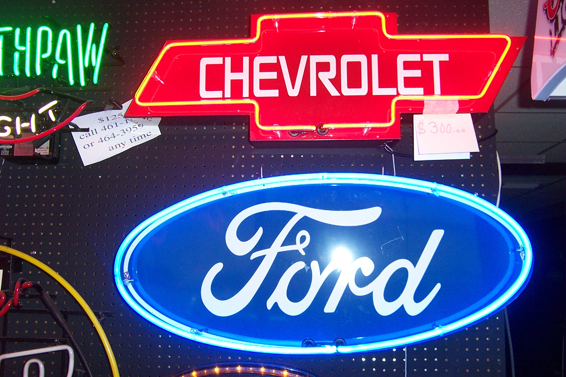 Download mobile wallpaper Chevrolet, Ford, Light, Neon, Sign, Photography, Vehicle, Neon Sign for free.
