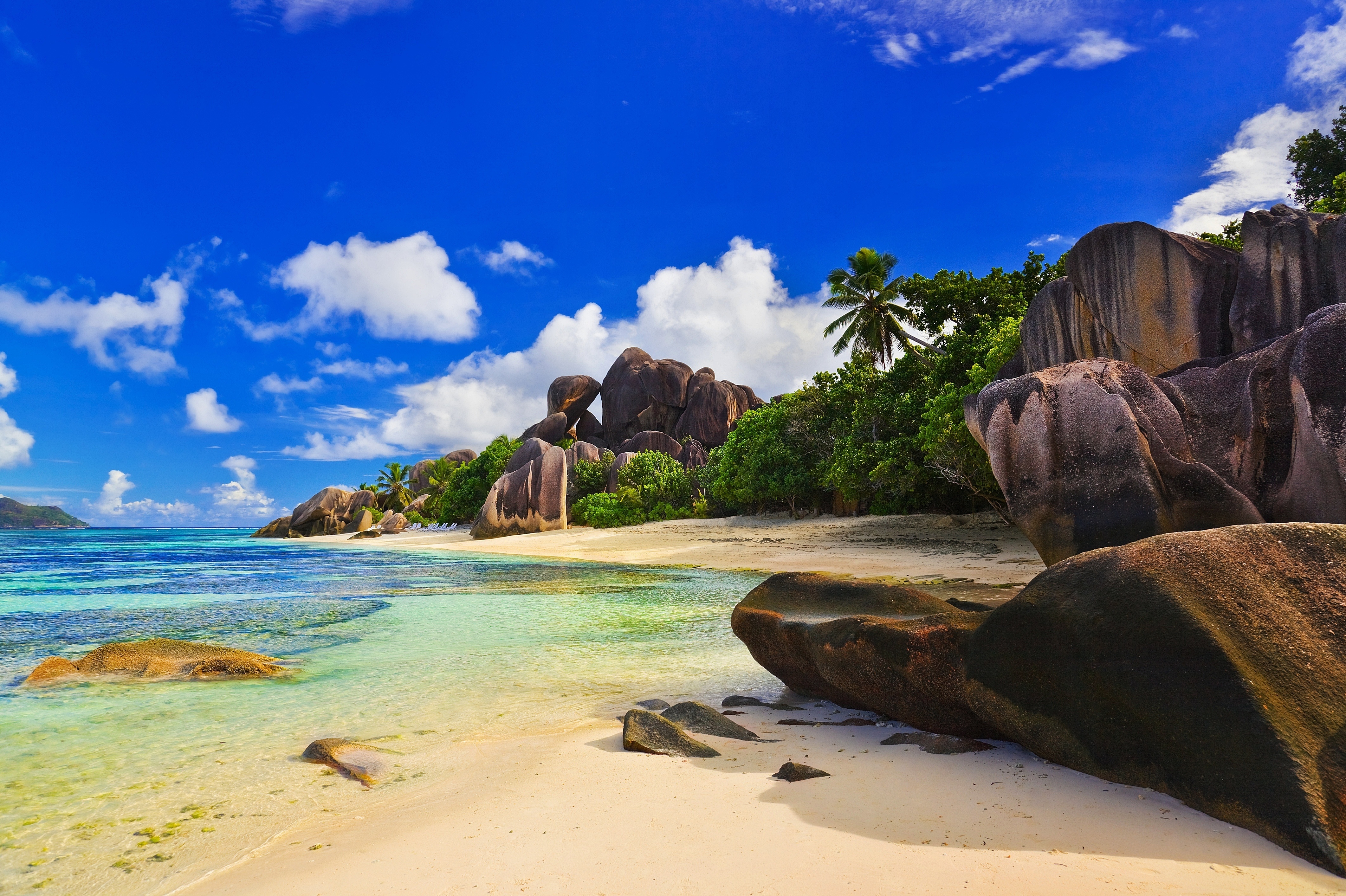 609508 Bild herunterladen seychellen, tropisch, wasser, tropen, erde/natur, strand, palme, sand, himmel - Hintergrundbilder und Bildschirmschoner kostenlos