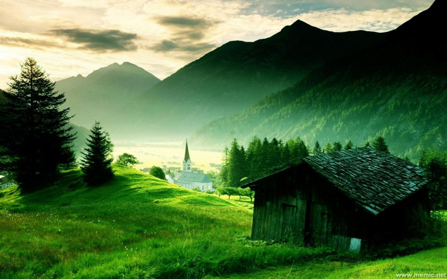 Free download wallpaper Landscape, Mountain, Village, Church, Man Made on your PC desktop