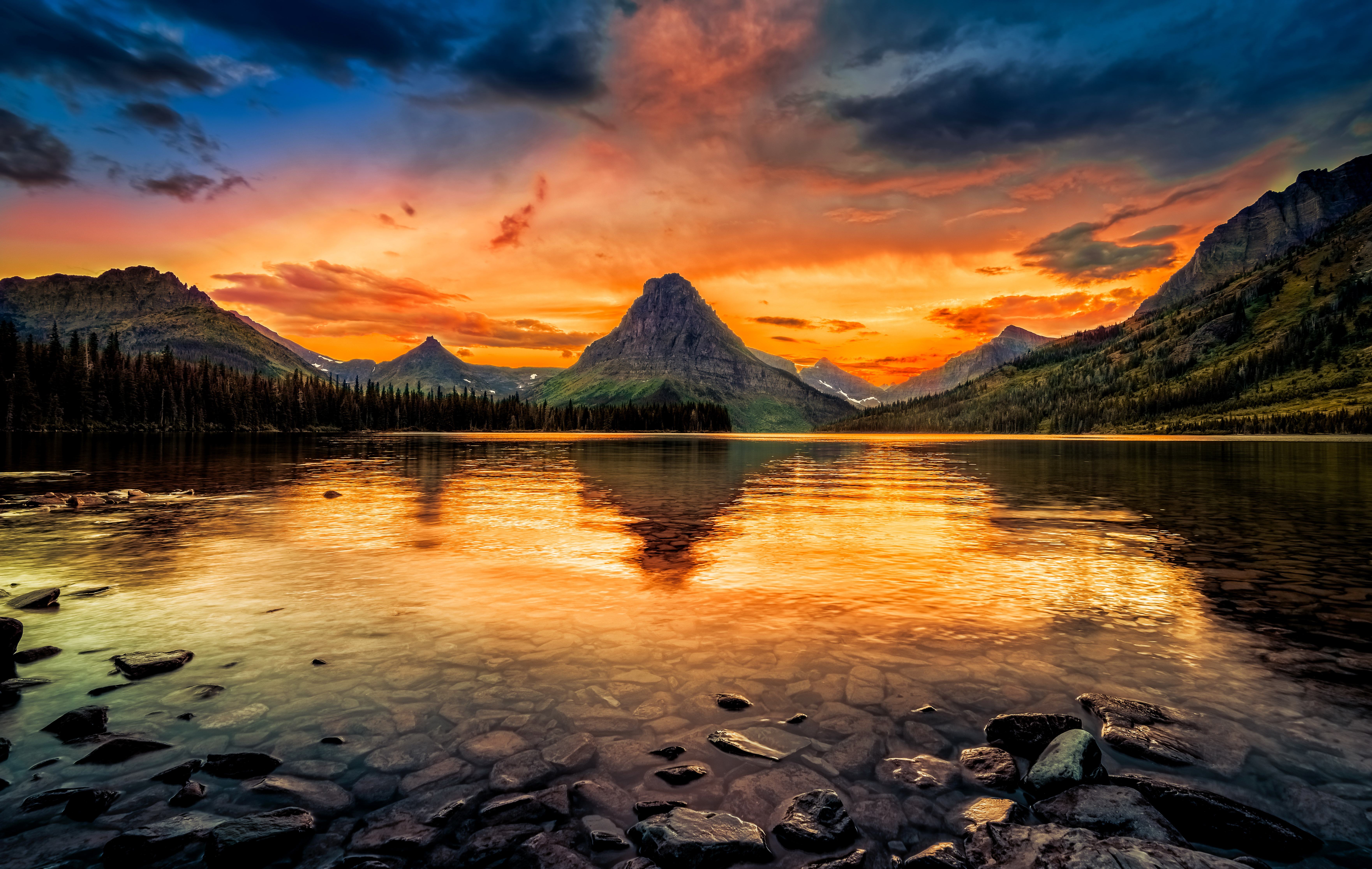 sunset, glacier national park, national park, nature, usa, earth, lake, landscape, mountain, reflection