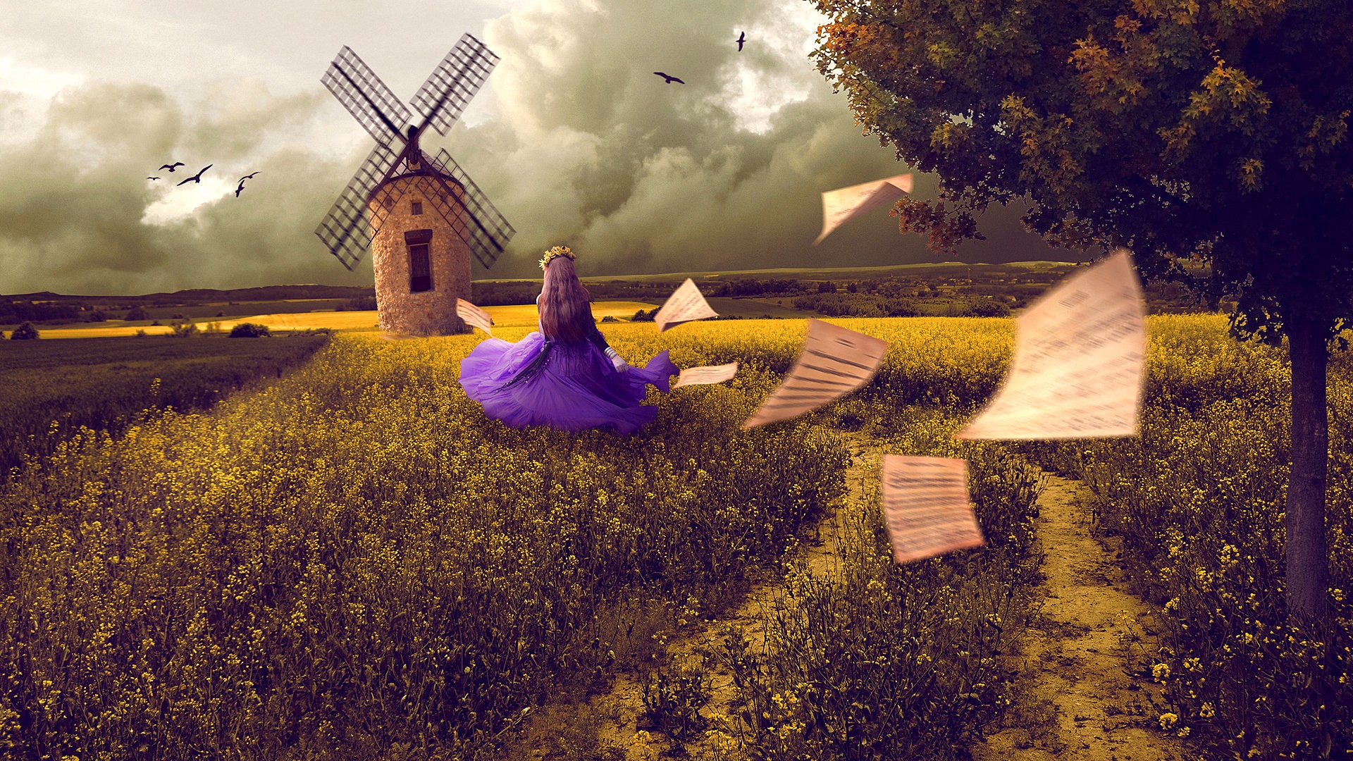 Free download wallpaper Fantasy, Field, Windmill, Women on your PC desktop