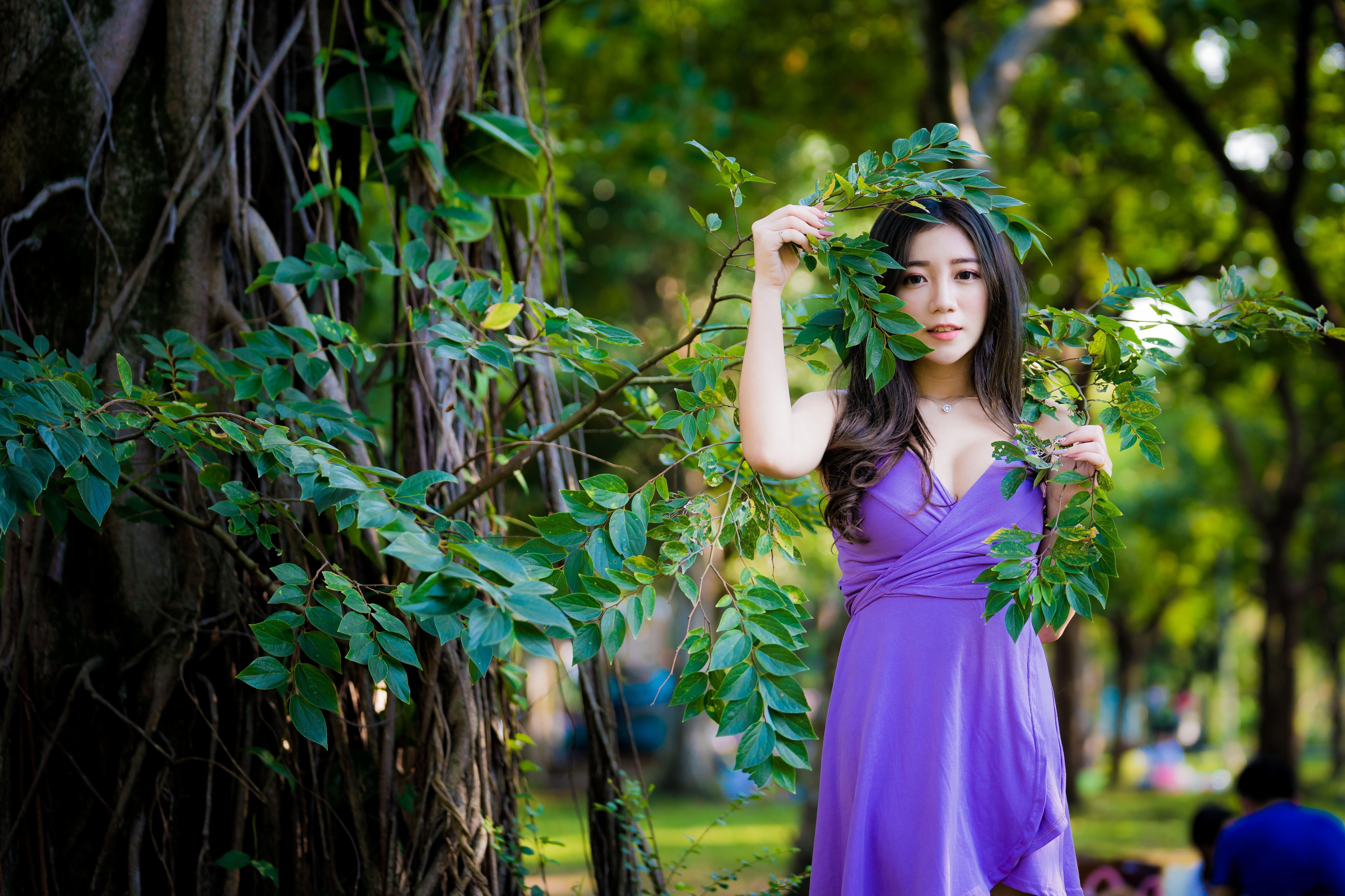 Download mobile wallpaper Model, Women, Asian, Black Hair, Purple Dress, Depth Of Field for free.