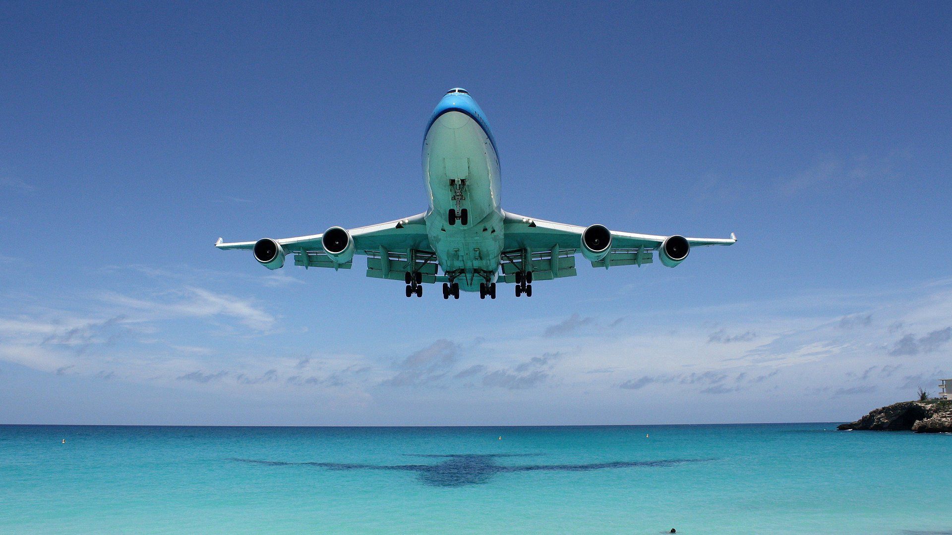 Скачать обои бесплатно Полет, Boeing 747, Тень, Океан, Разное картинка на рабочий стол ПК