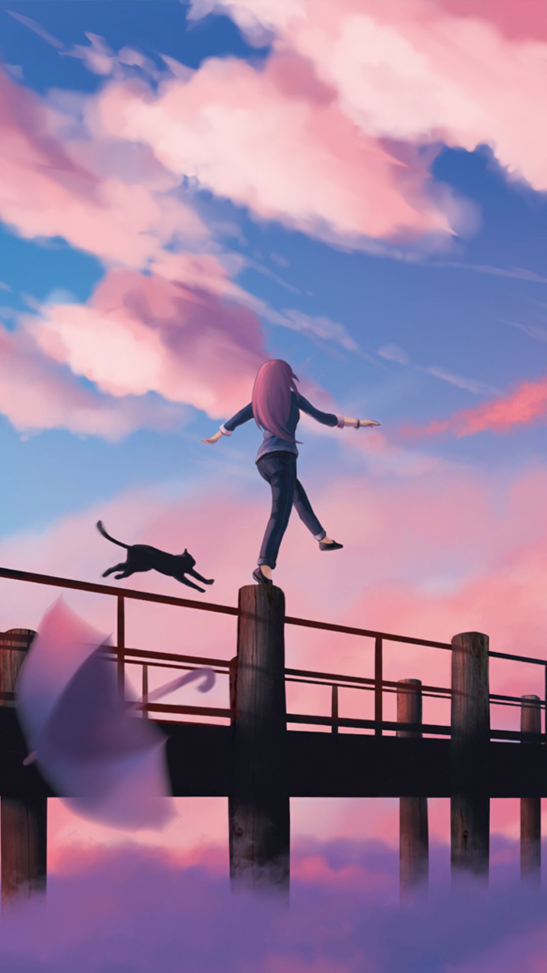 Download mobile wallpaper Anime, Sky, Cat, Umbrella, Cloud, Original, Pink Hair, Long Hair for free.