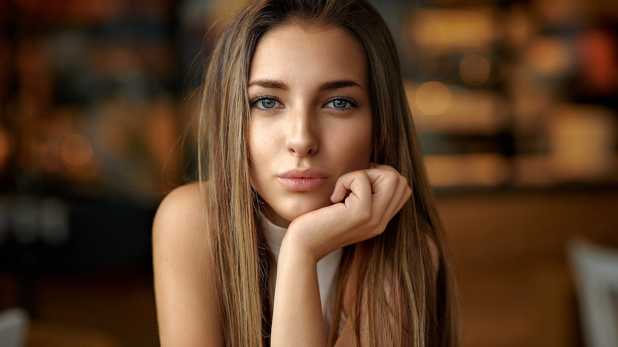 Mobile wallpaper: Face, Brunette, Model, Women, Blue Eyes, Stare, 1016882  download the picture for free.