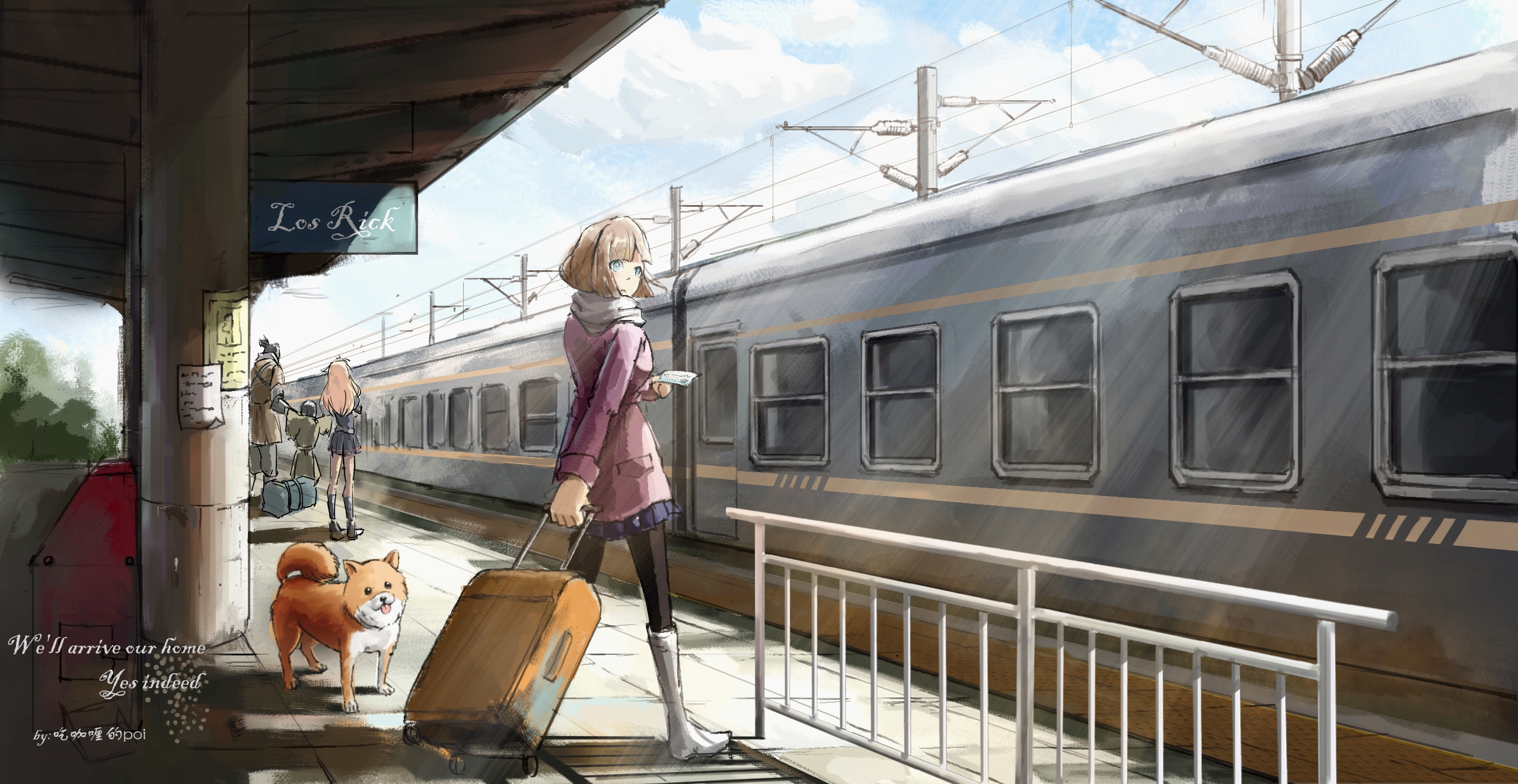 Download mobile wallpaper Anime, Dog, Girl, Train, Suitcase for free.