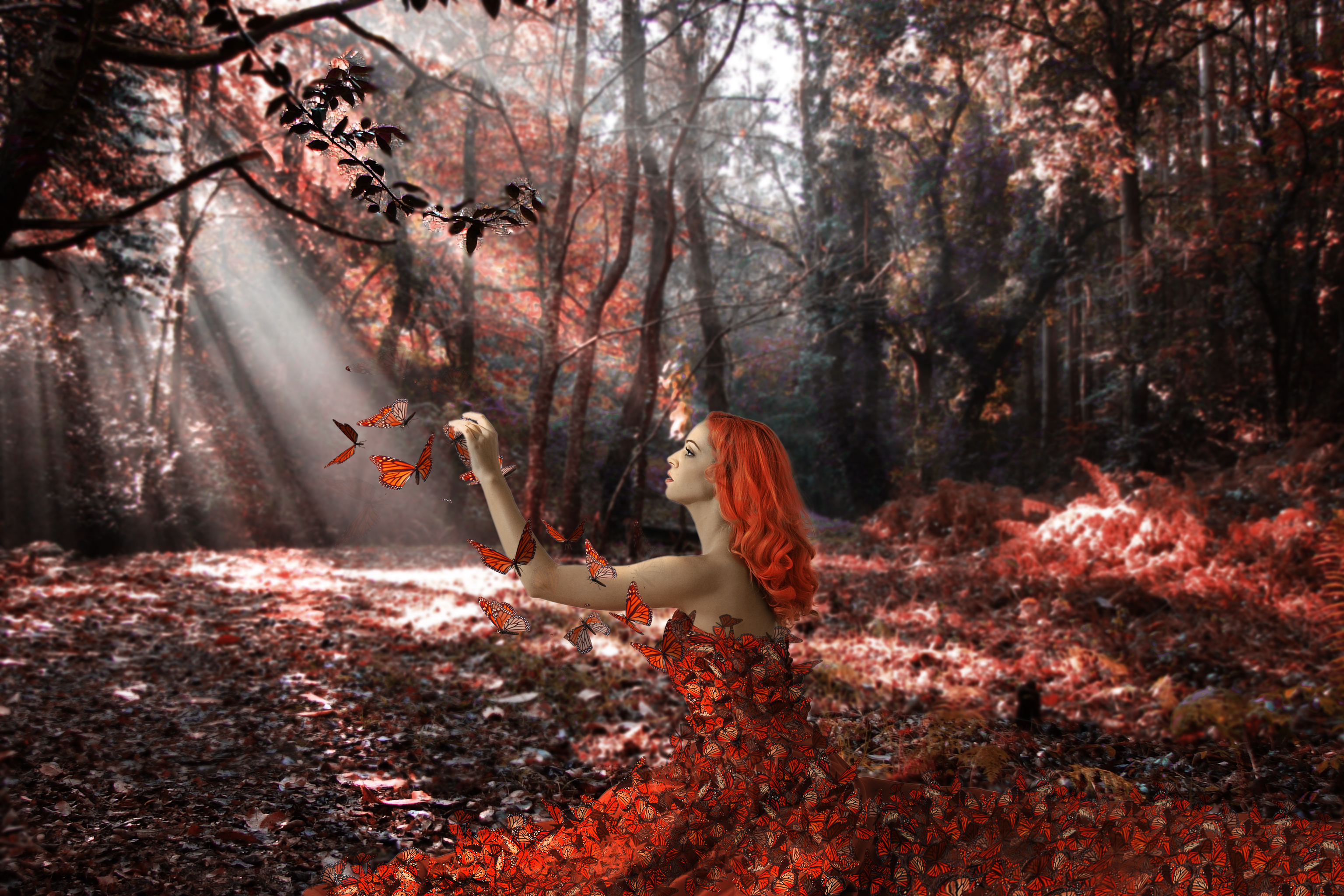 Free download wallpaper Fantasy, Forest, Butterfly, Redhead, Dress, Women, Sunshine on your PC desktop