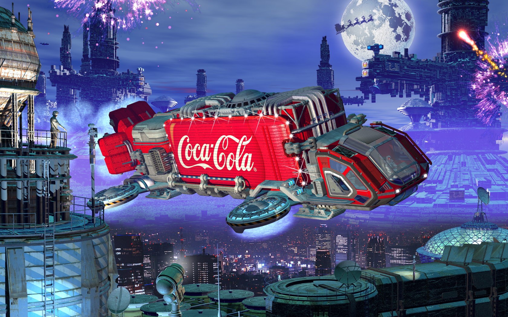 Laden Sie das Coca Cola, Science Fiction, Raumschiff, Fahrzeug, Produkte, Großstadt-Bild kostenlos auf Ihren PC-Desktop herunter