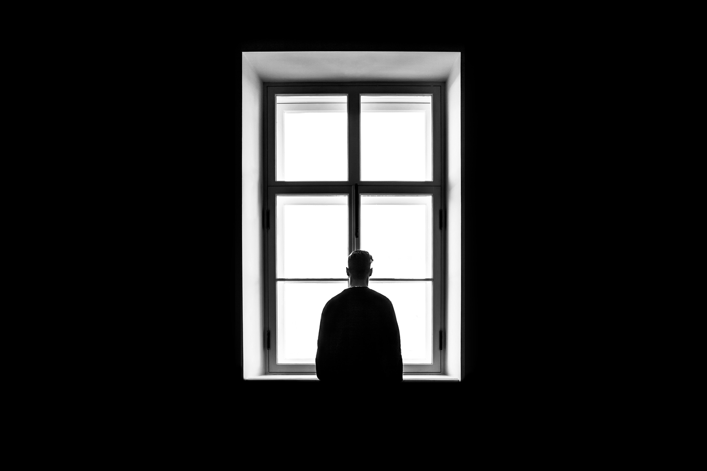 man, loneliness, minimalism, bw, chb, window