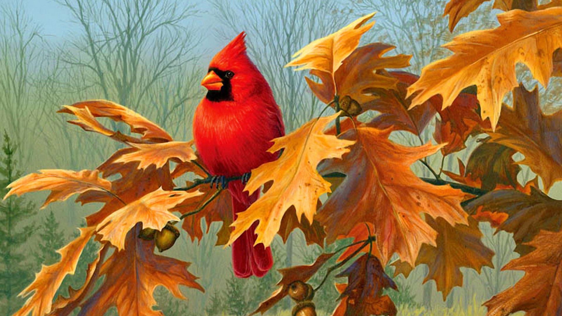Download mobile wallpaper Birds, Bird, Tree, Close Up, Leaf, Branch, Animal, Painting, Cardinal for free.