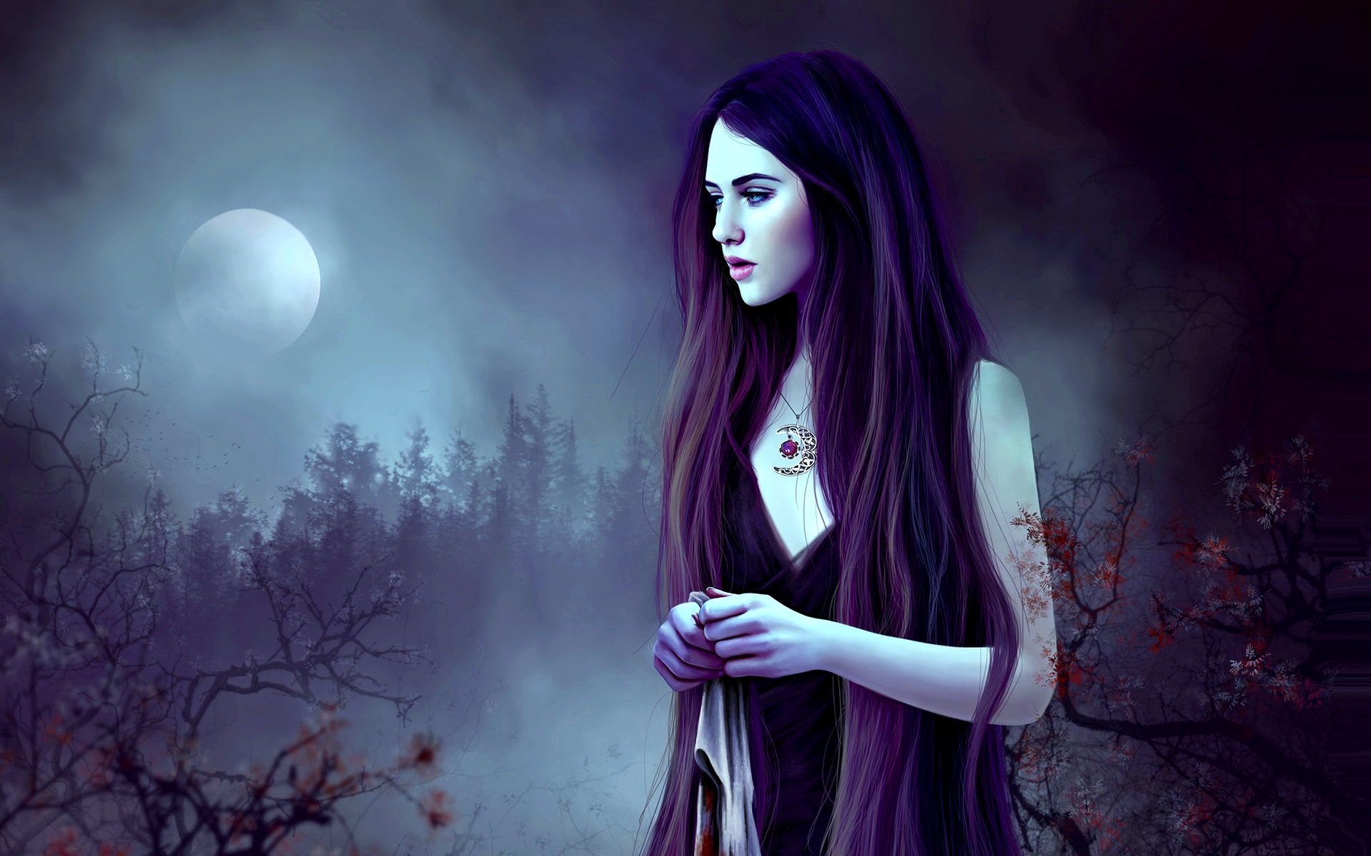 Download mobile wallpaper Fantasy, Night, Moon, Women, Long Hair, Purple Hair for free.