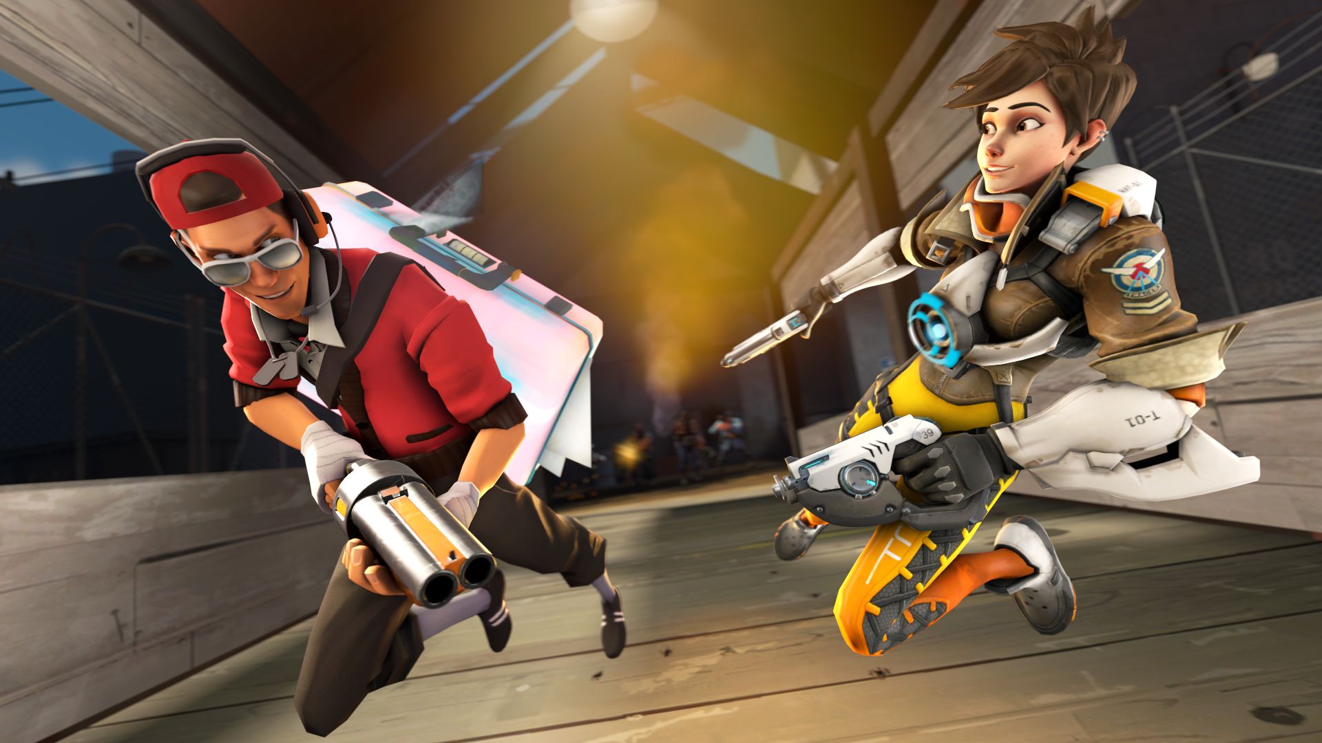 video game, crossover, scout (team fortress), tracer (overwatch)