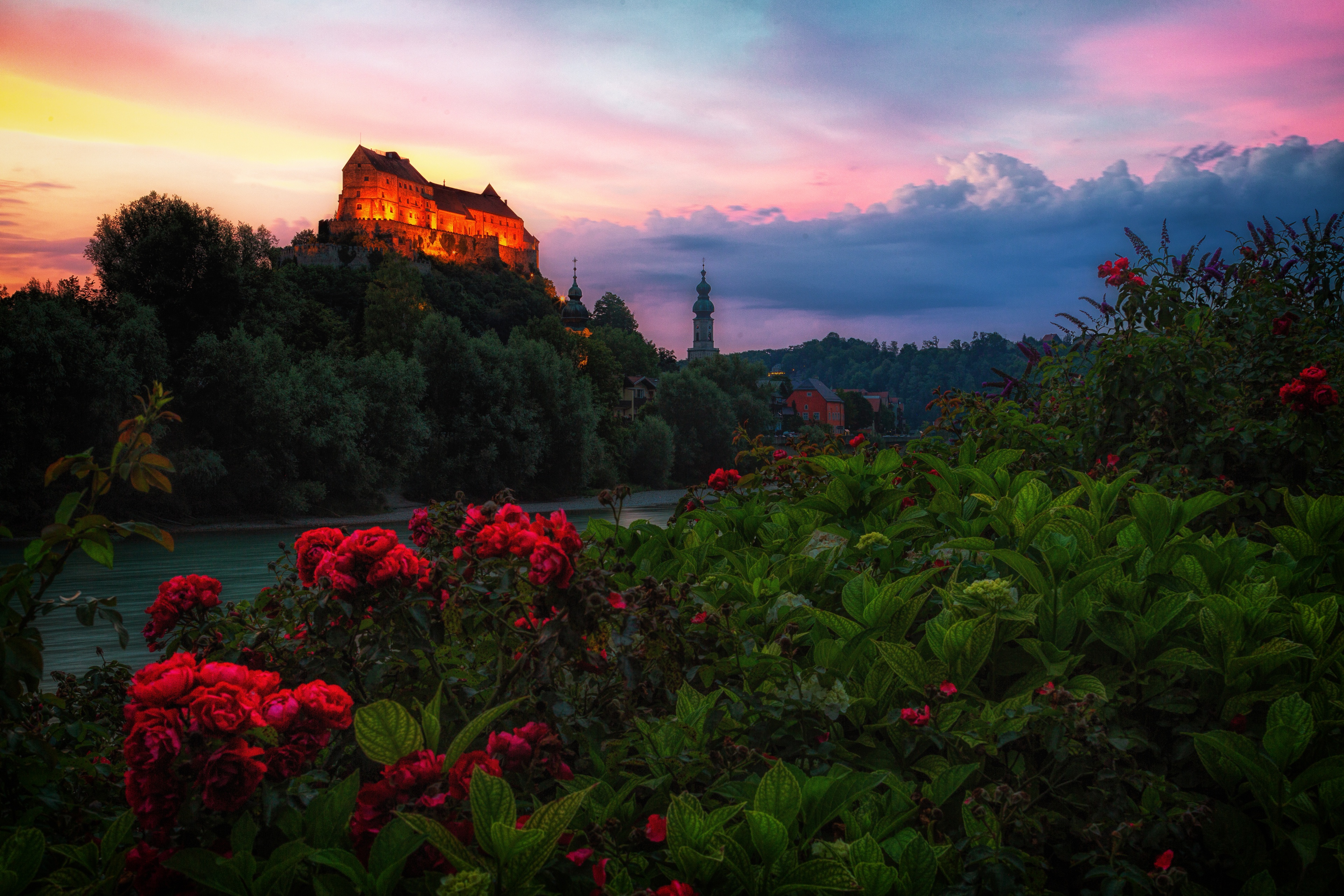 Free download wallpaper Castles, Flower, Rose, Hill, Church, River, Germany, Man Made, Castle on your PC desktop
