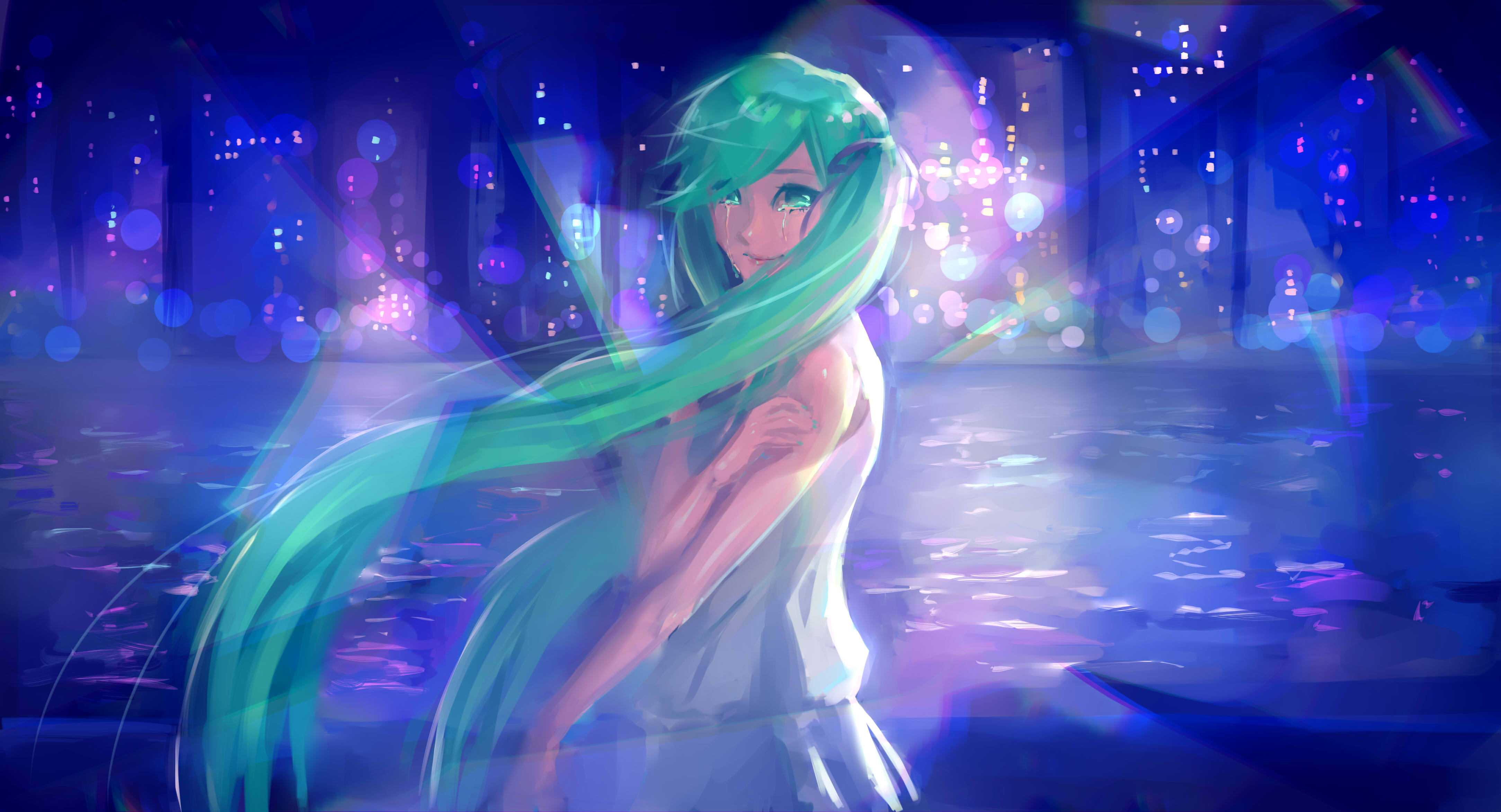 Free download wallpaper Anime, Vocaloid, Green Hair, Green Eyes, Tears, Hatsune Miku, Long Hair, Twintails on your PC desktop