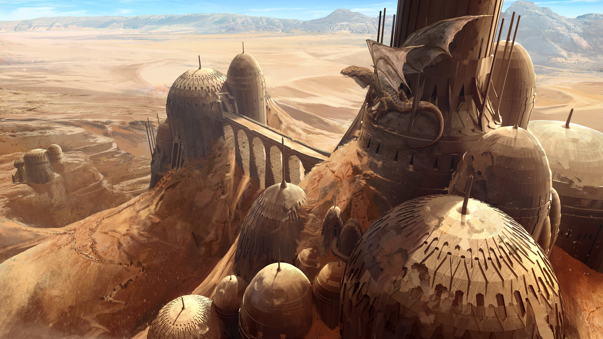Download mobile wallpaper Landscape, Fantasy, Sand, Desert, Building, Dragon, Dome for free.