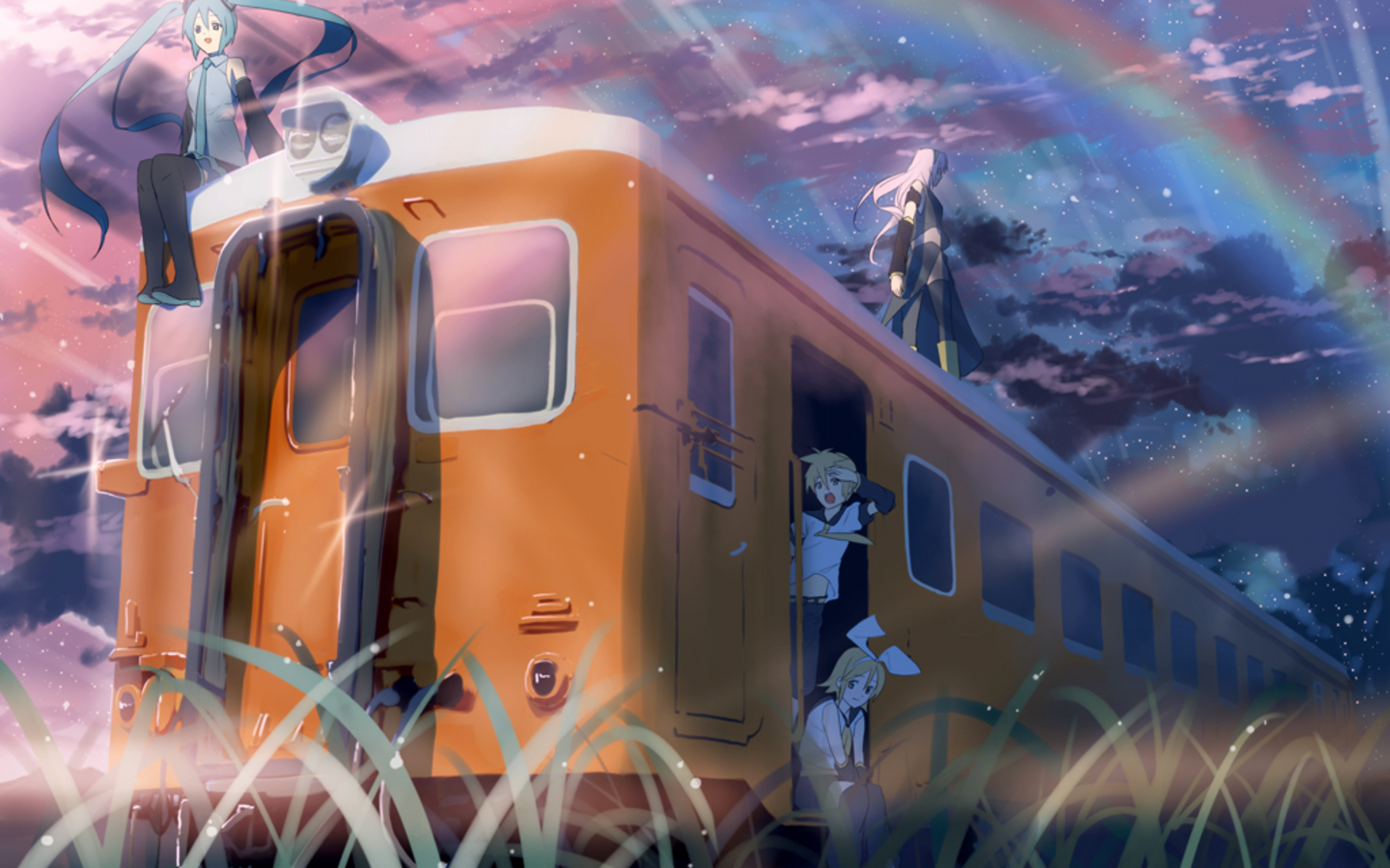 Free download wallpaper Anime, Sky, Rainbow, Light, Vocaloid, Train, Hatsune Miku, Luka Megurine, Rin Kagamine, Len Kagamine on your PC desktop