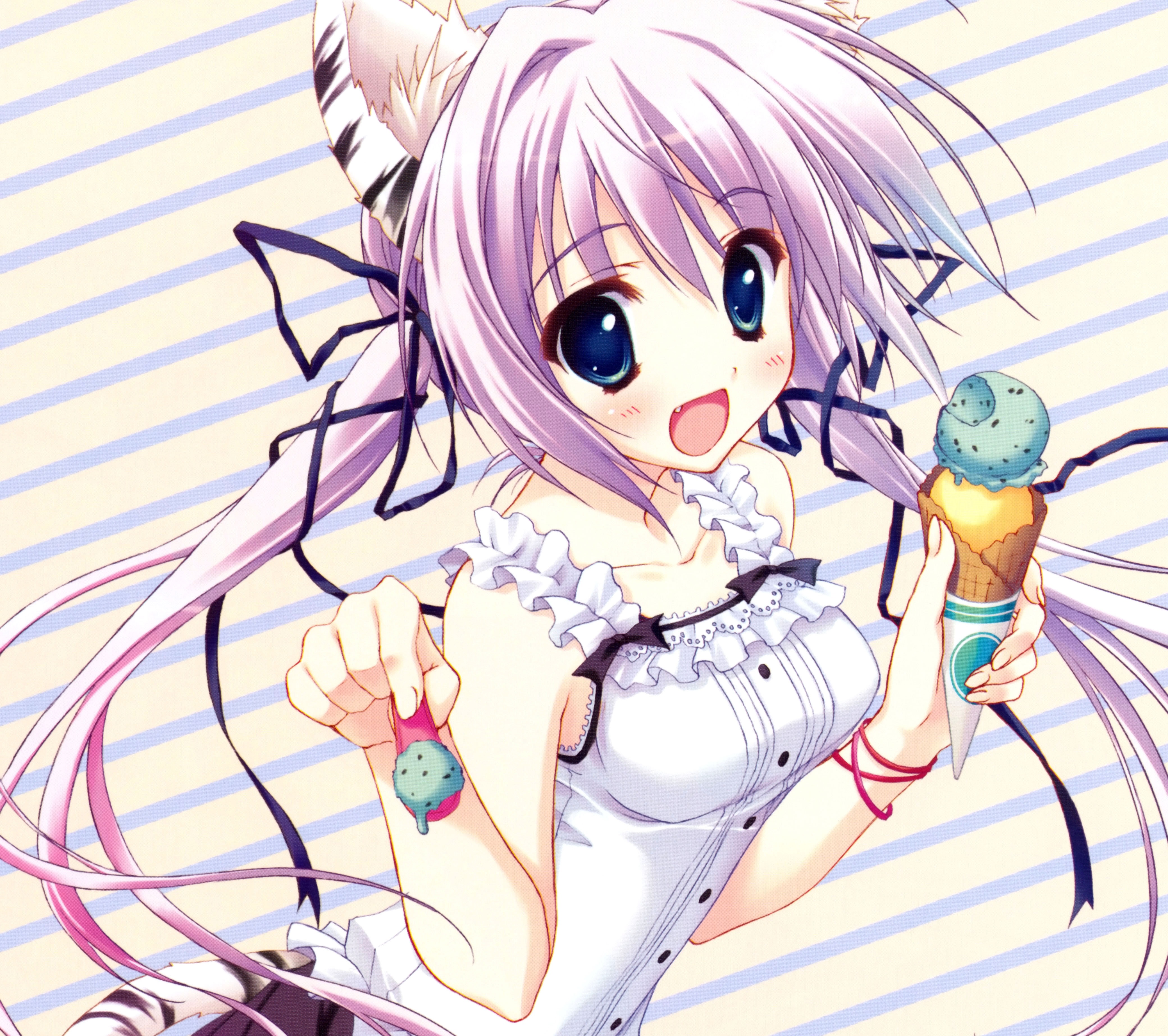 Download mobile wallpaper Anime, Ice Cream, Smile, Blue Eyes, Original, Cat Girl, Twintails for free.