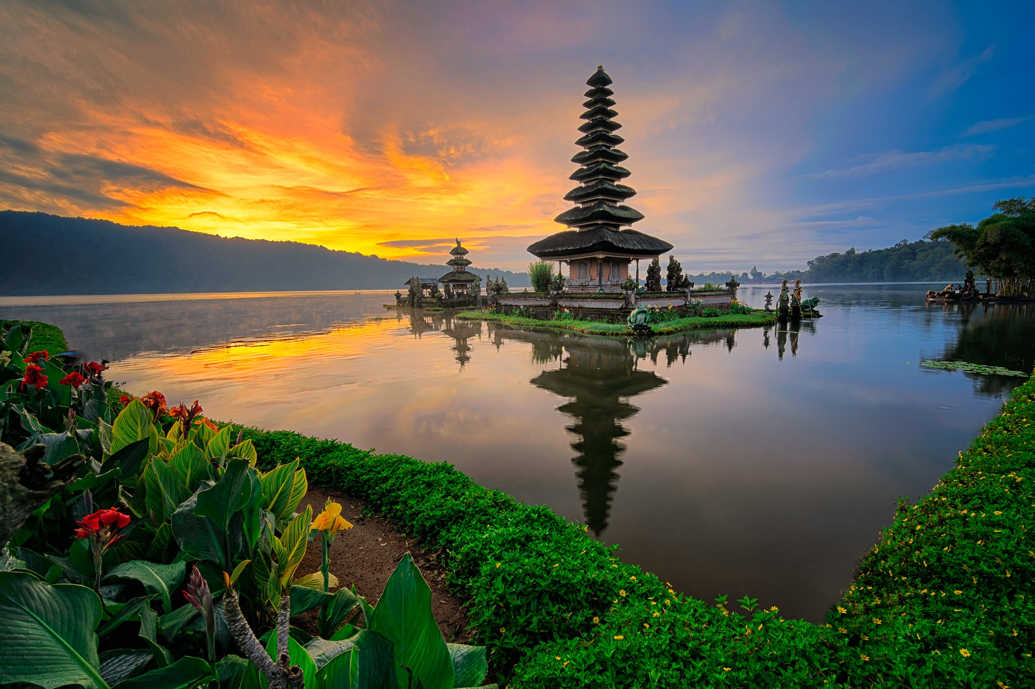 indonesia, religious, pura ulun danu bratan, bali, nature, sunset, temple, water, temples