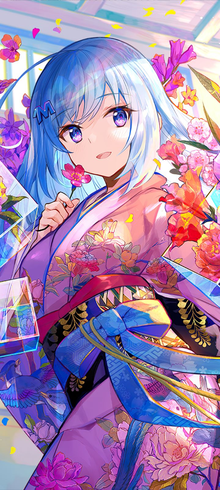 Download mobile wallpaper Anime, Flower, Kimono, Original, Blue Hair for free.