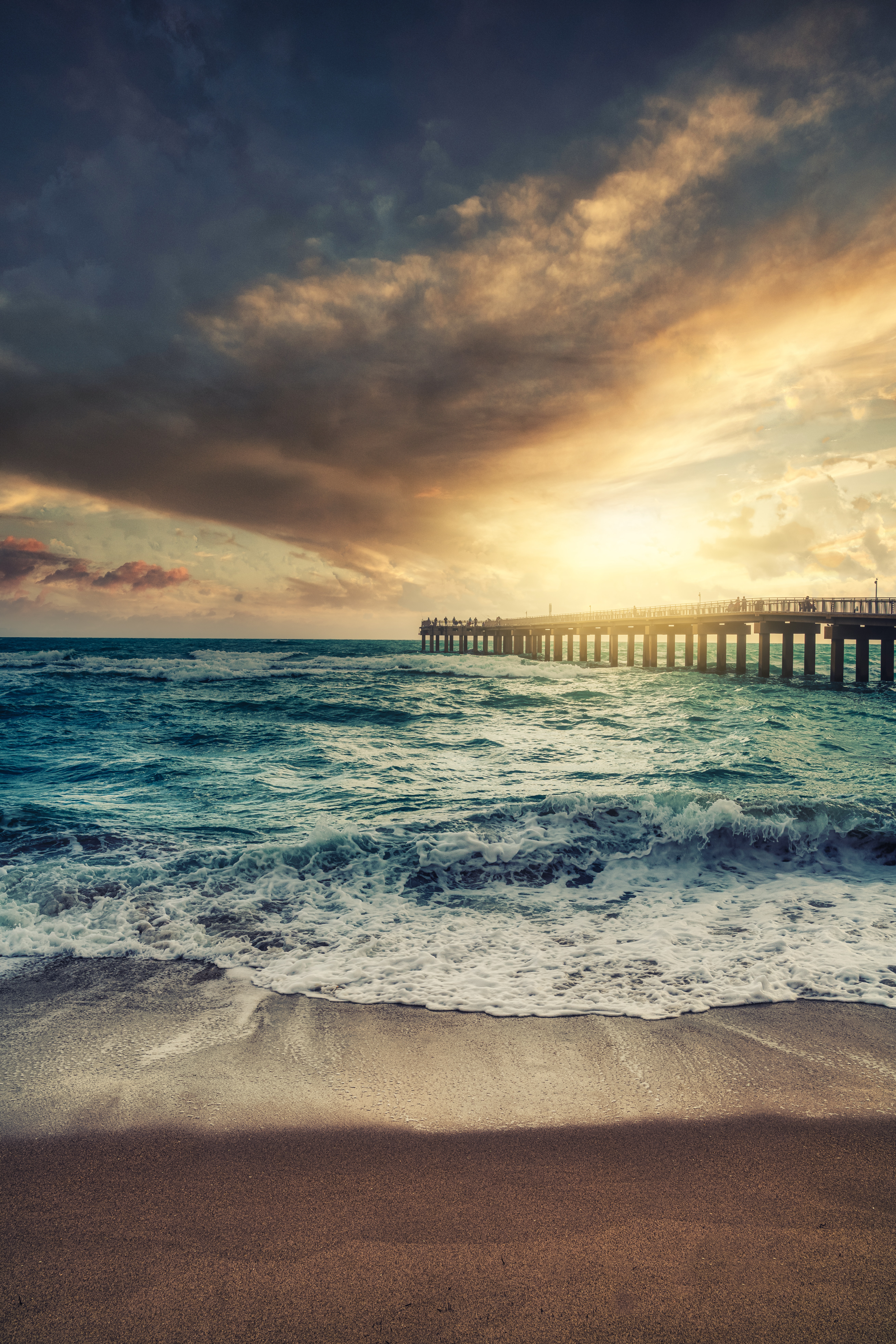 Laden Sie das Seebrücke, Natur, Pier, Sunset, Waves, Strand-Bild kostenlos auf Ihren PC-Desktop herunter
